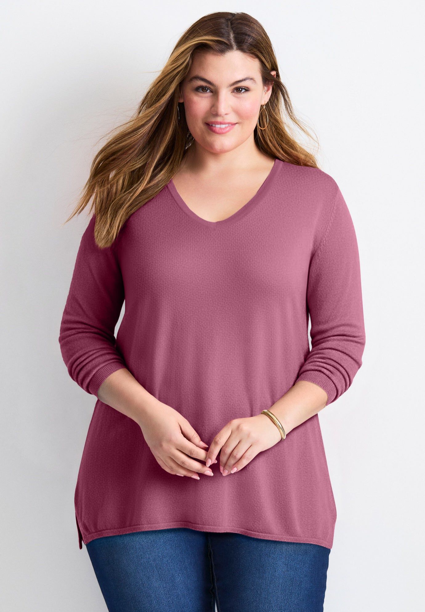 V-Neck Tunic Sweater, DARK MAUVE, hi-res image number 0