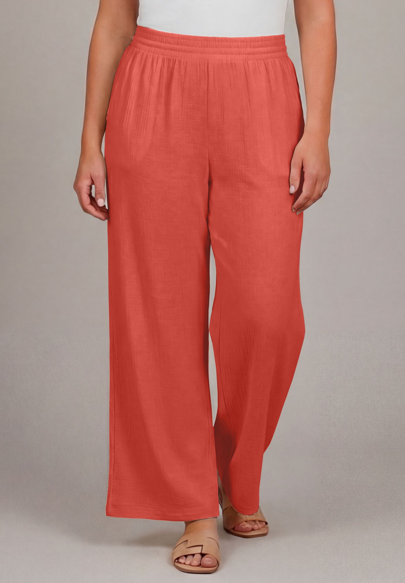 Knit Gauze Smocked Wide-Leg Pants, BURNT ORANGE, alternate image number 4