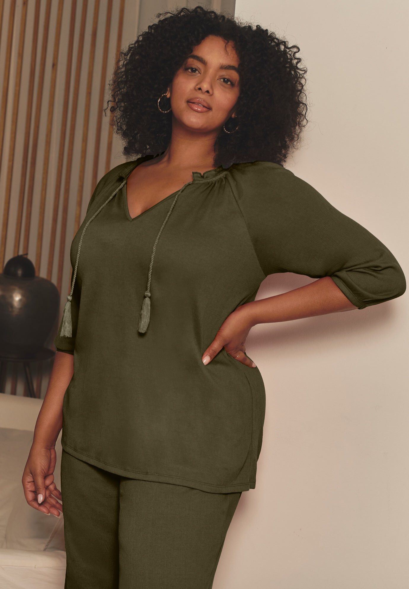 Knit Gauze Peasant Tunic, OLIVE GREEN, hi-res image number 0