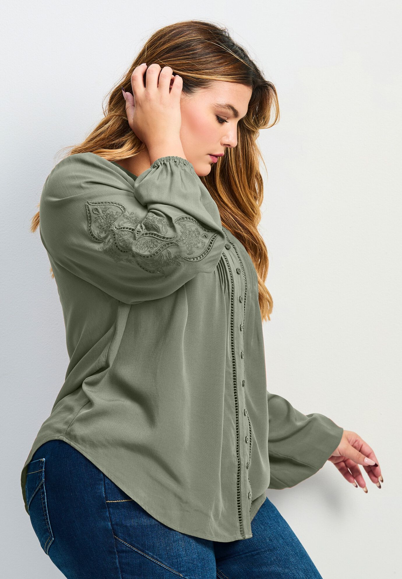 Gabby Embroidered Pintuck Shirt, OLIVE, alternate image number 3