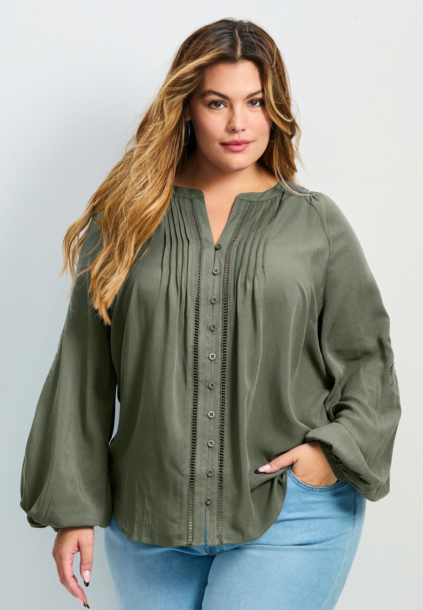 Gabby Embroidered Pintuck Shirt, OLIVE, hi-res image number 0