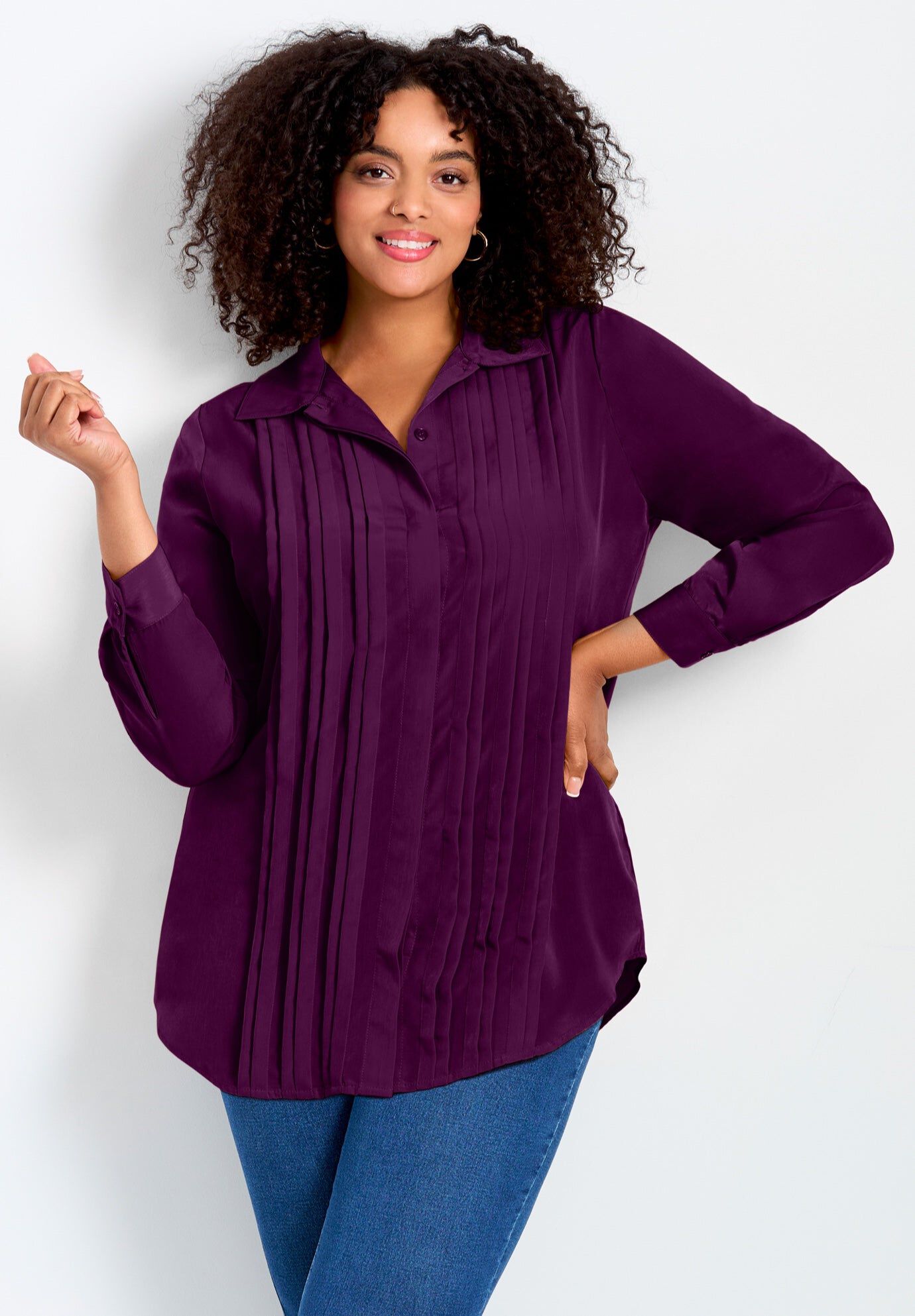 Pleated Button Down Shirt, DEEP BERRY, hi-res image number 0