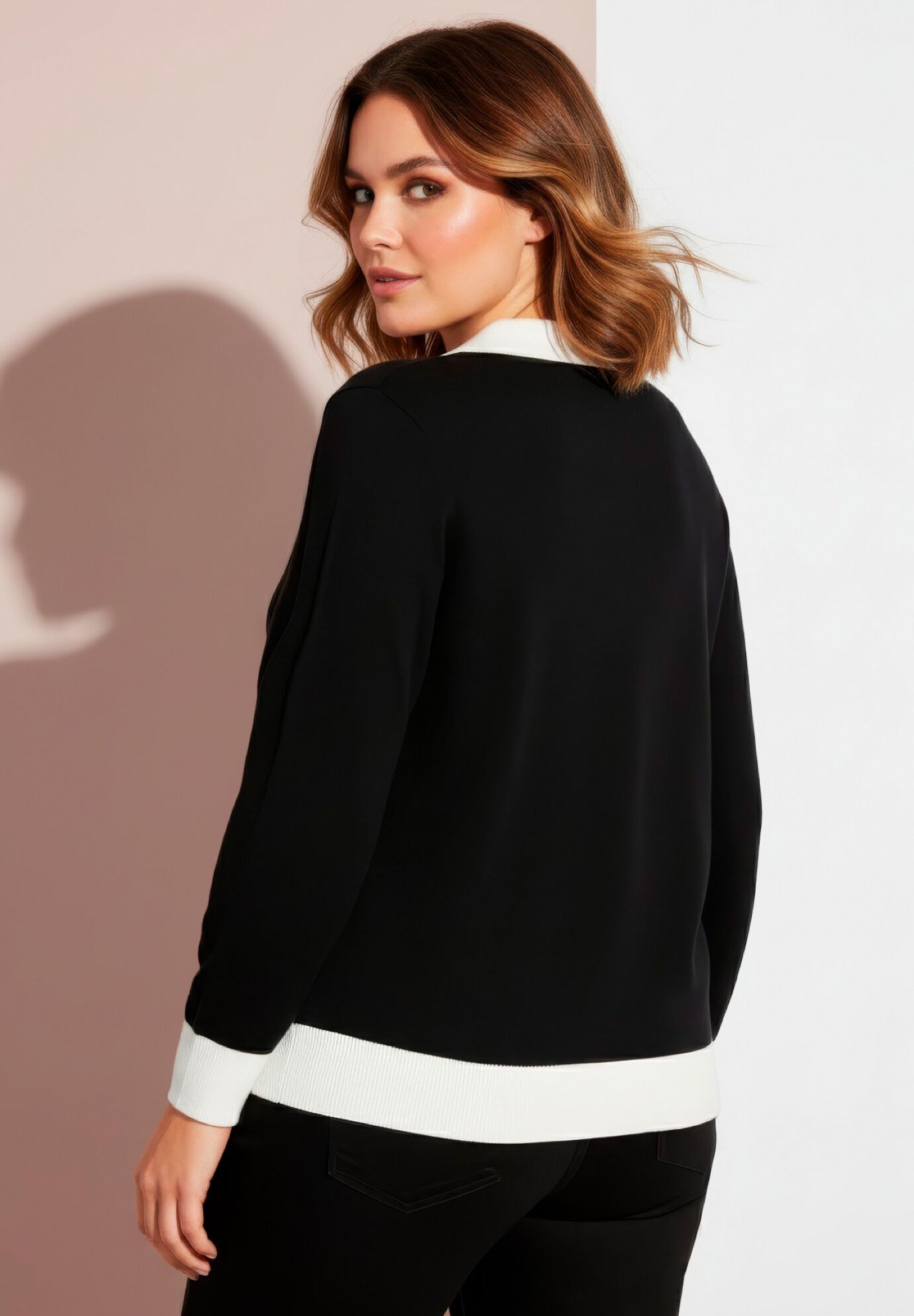 Colorblock Polo Sweater, BLACK WHITE COLORBLOCK, alternate image number 2