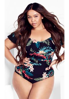 Ingrid Ruffle Print 1 Piece - black