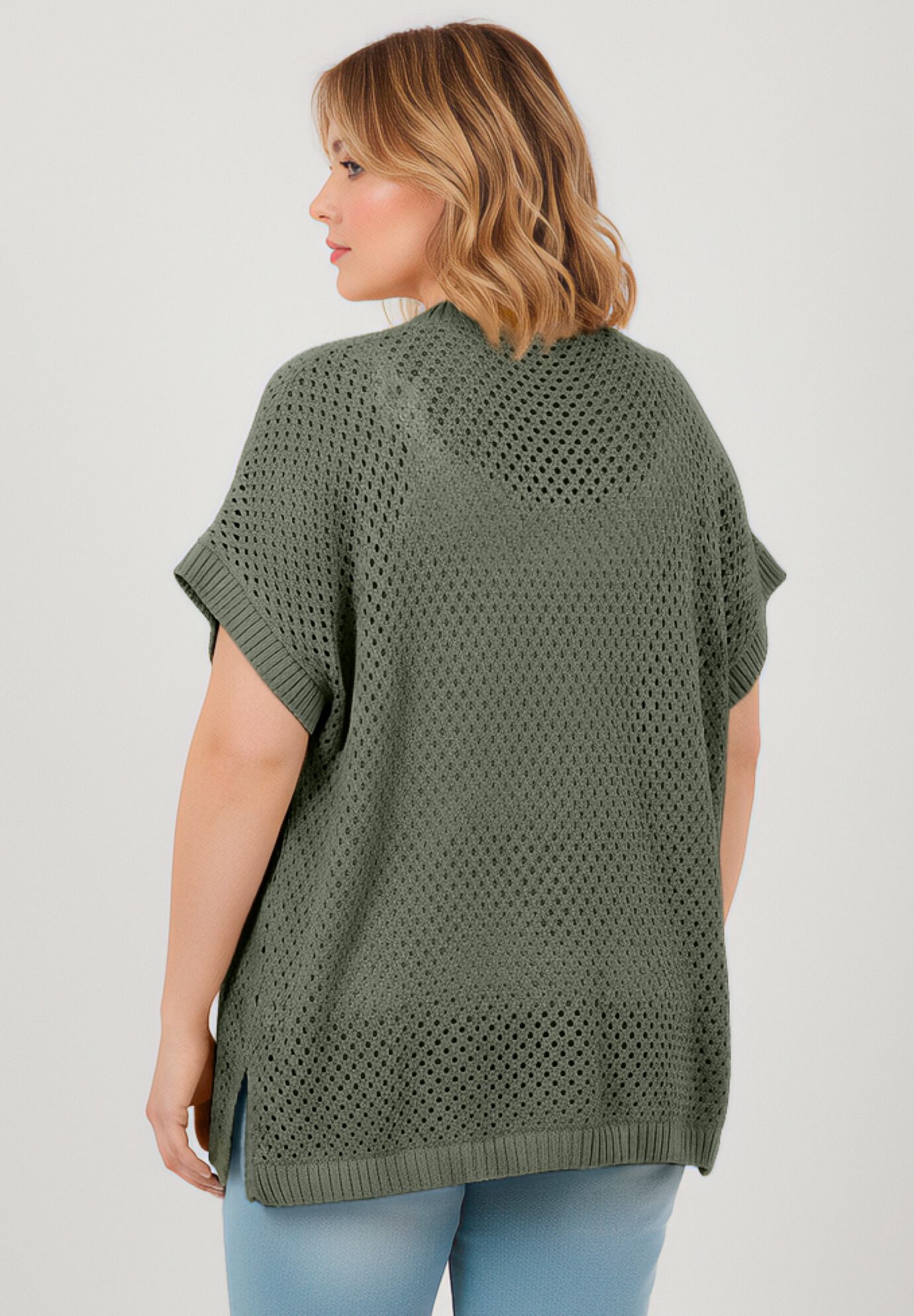 Short Sleeve Button Front Cardigan, OLIVE GREEN, alternate image number 2