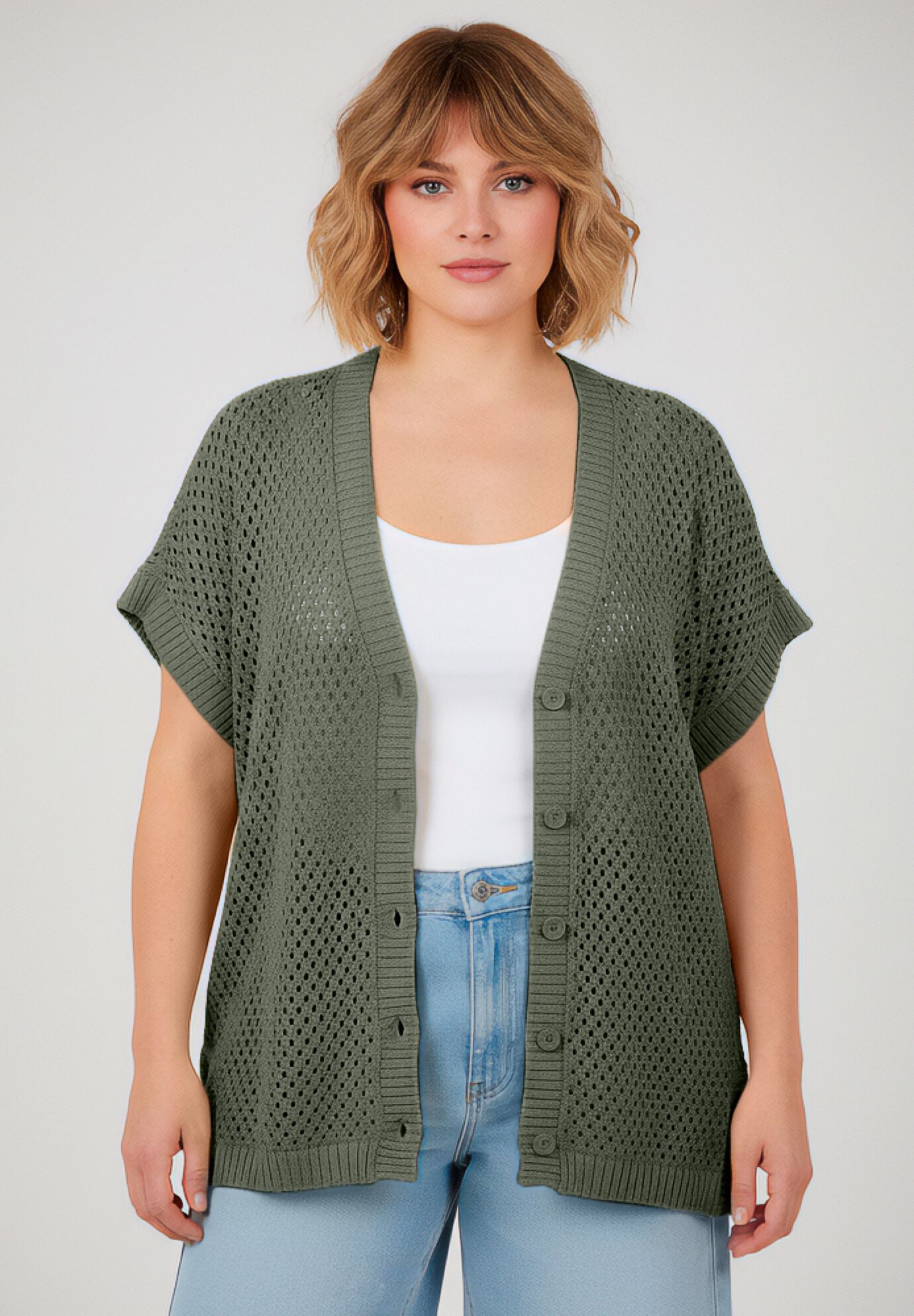 Short Sleeve Button Front Cardigan, OLIVE GREEN, alternate image number 4