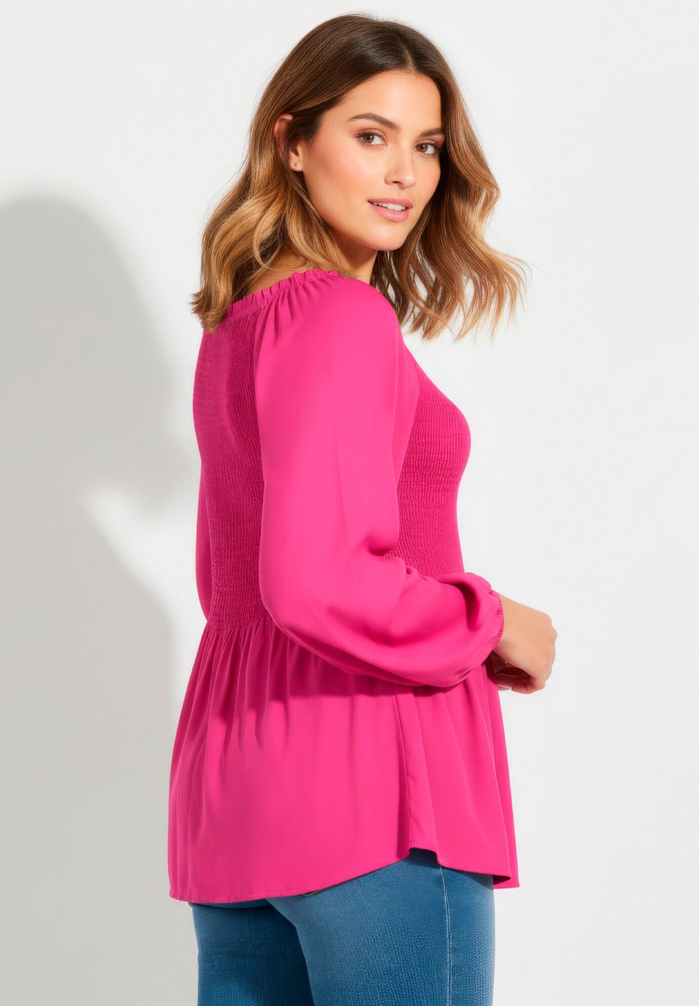 Smocking Blouson Sleeve Blouse, RASPBERRY, alternate image number 2