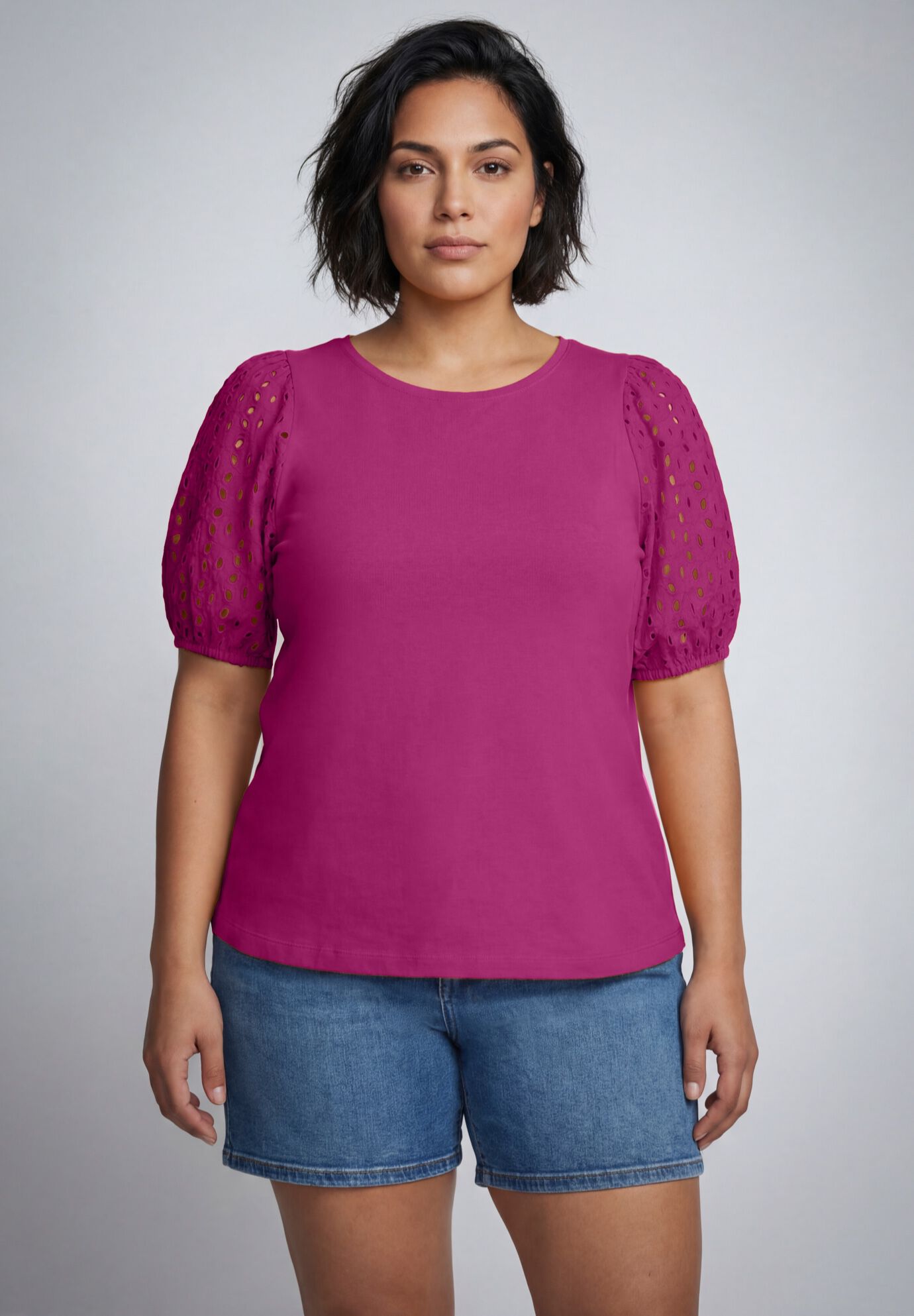 Eyelet Sleeve Tee, RASPBERRY, alternate image number 2