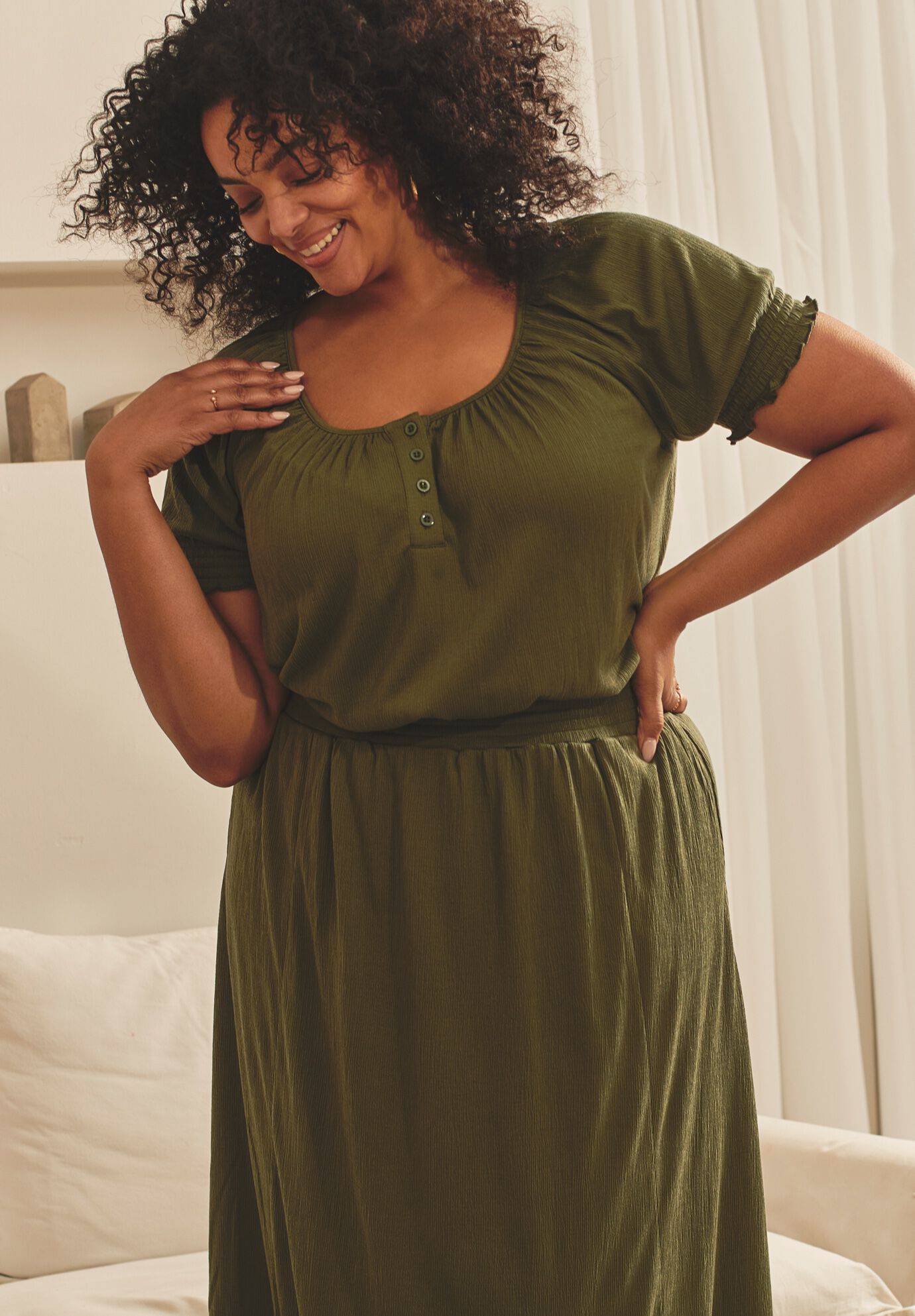 Knit Gauze Puffed Sleeve Top, OLIVE GREEN, on-hover image number 1