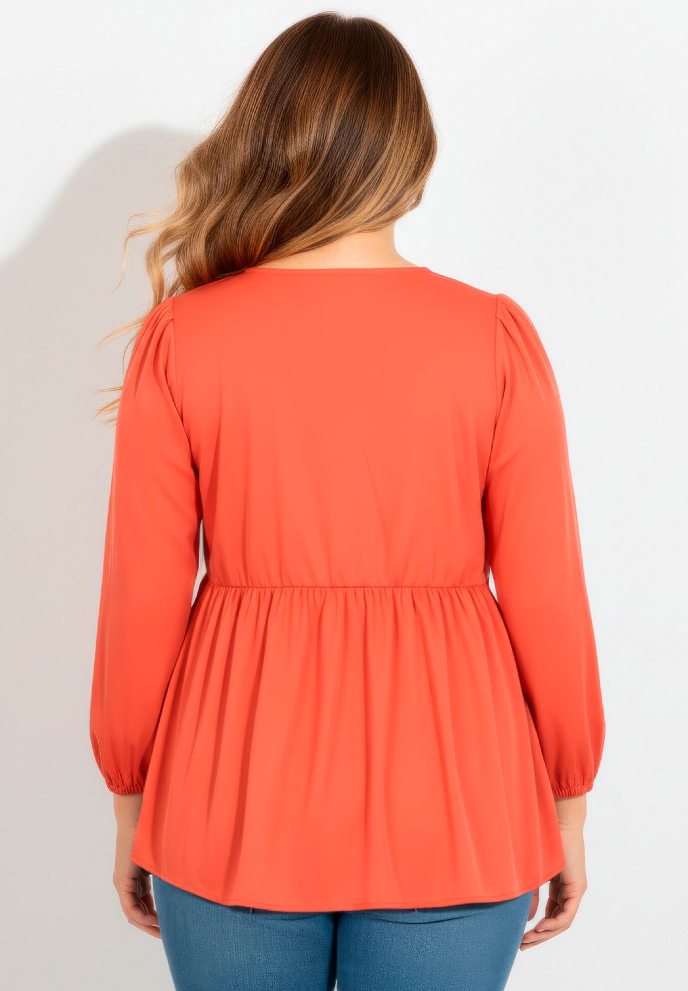 V Neck Blouson Elastic Waist Blouse, BURNT ORANGE, alternate image number 2
