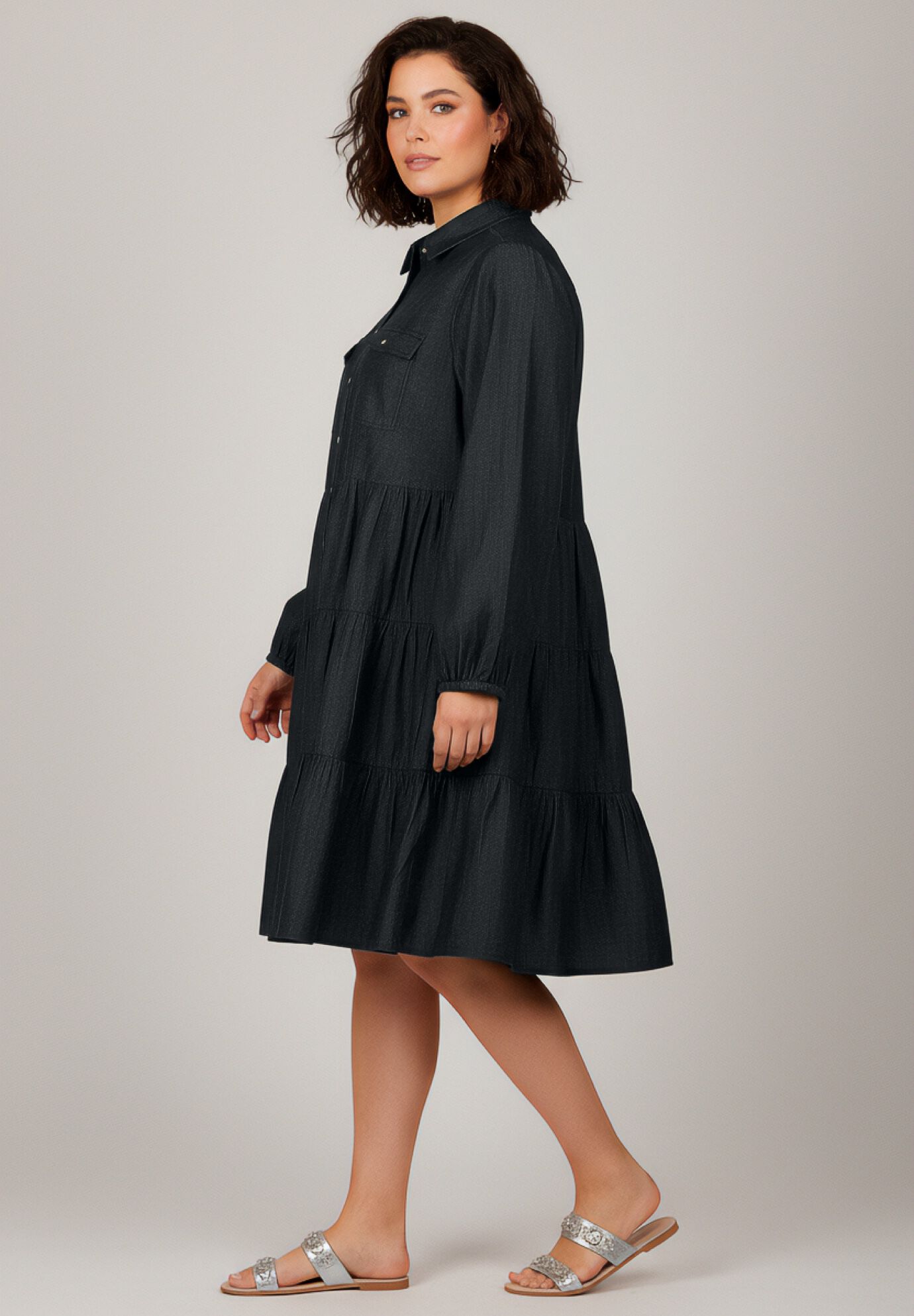 Chambray Shirt Dress, BLACK, alternate image number 3