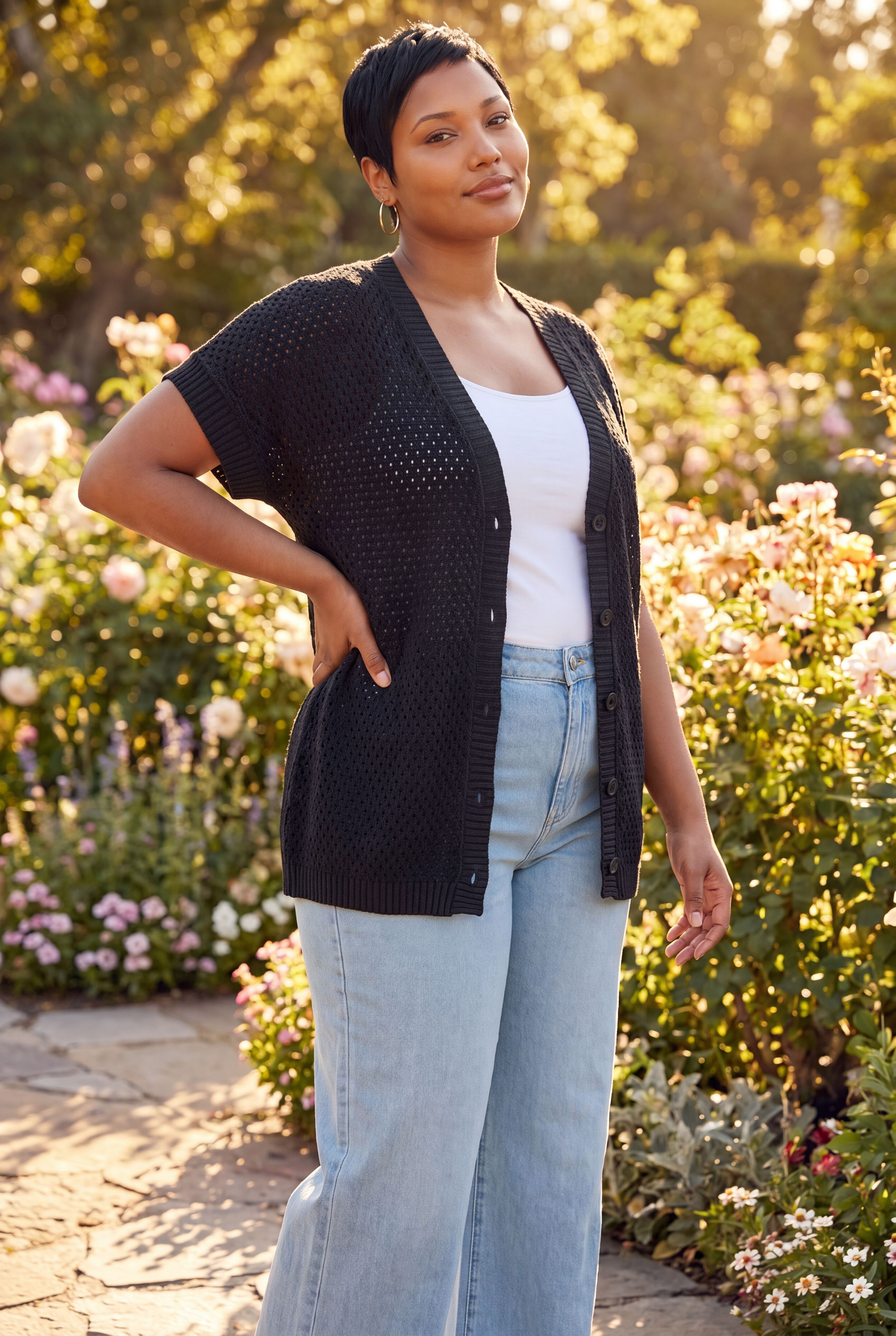 Short Sleeve Button Front Cardigan, WHITE, alternate image number 2