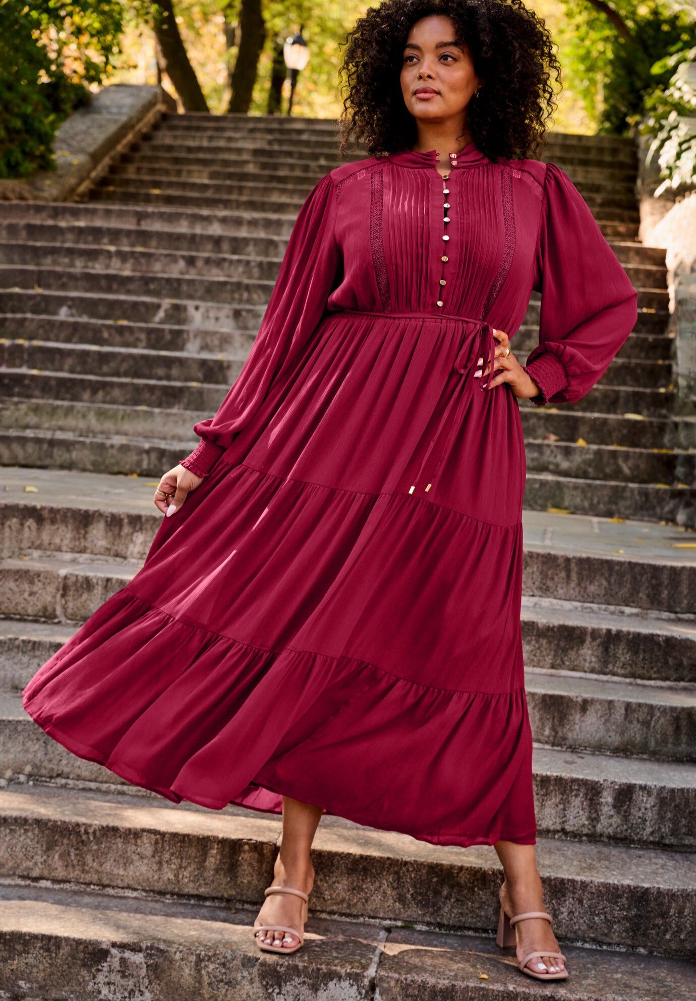 Jasmine Long Sleeve Tiered Maxi Dress, RICH BURGUNDY, hi-res image number 0