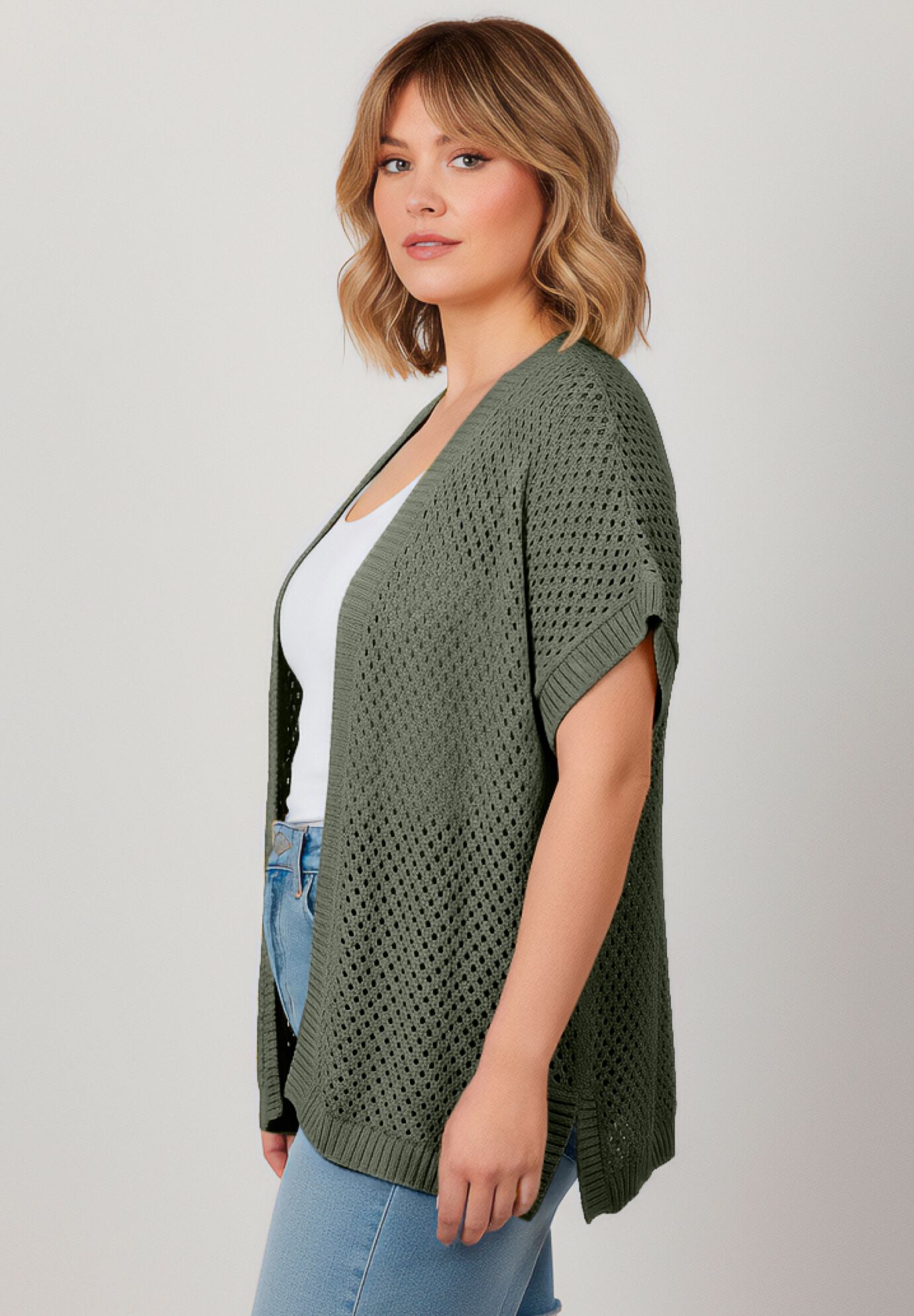 Short Sleeve Button Front Cardigan, OLIVE GREEN, alternate image number 3
