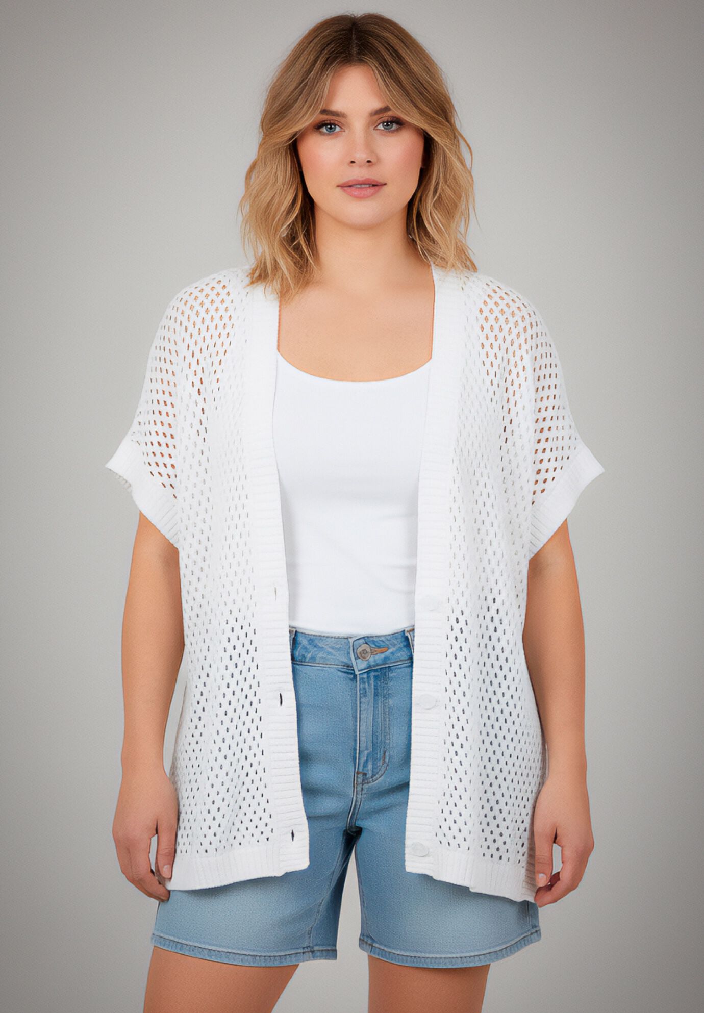 Short Sleeve Button Front Cardigan, WHITE, alternate image number 5