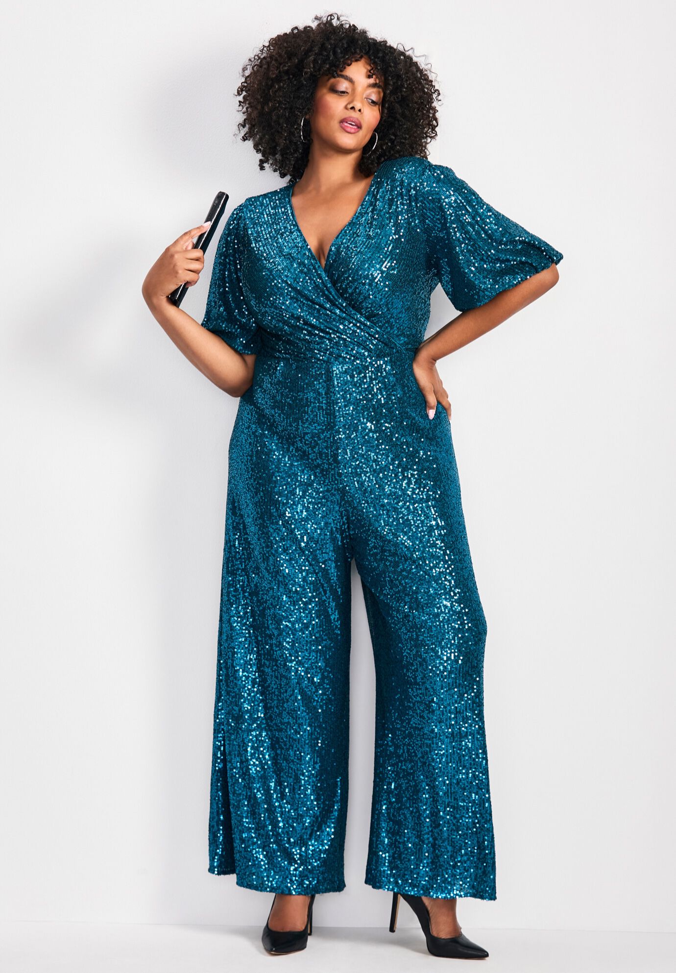 Nada Sequin Puff Sleeve Jumpsuit, EMERALD, on-hover image number 1