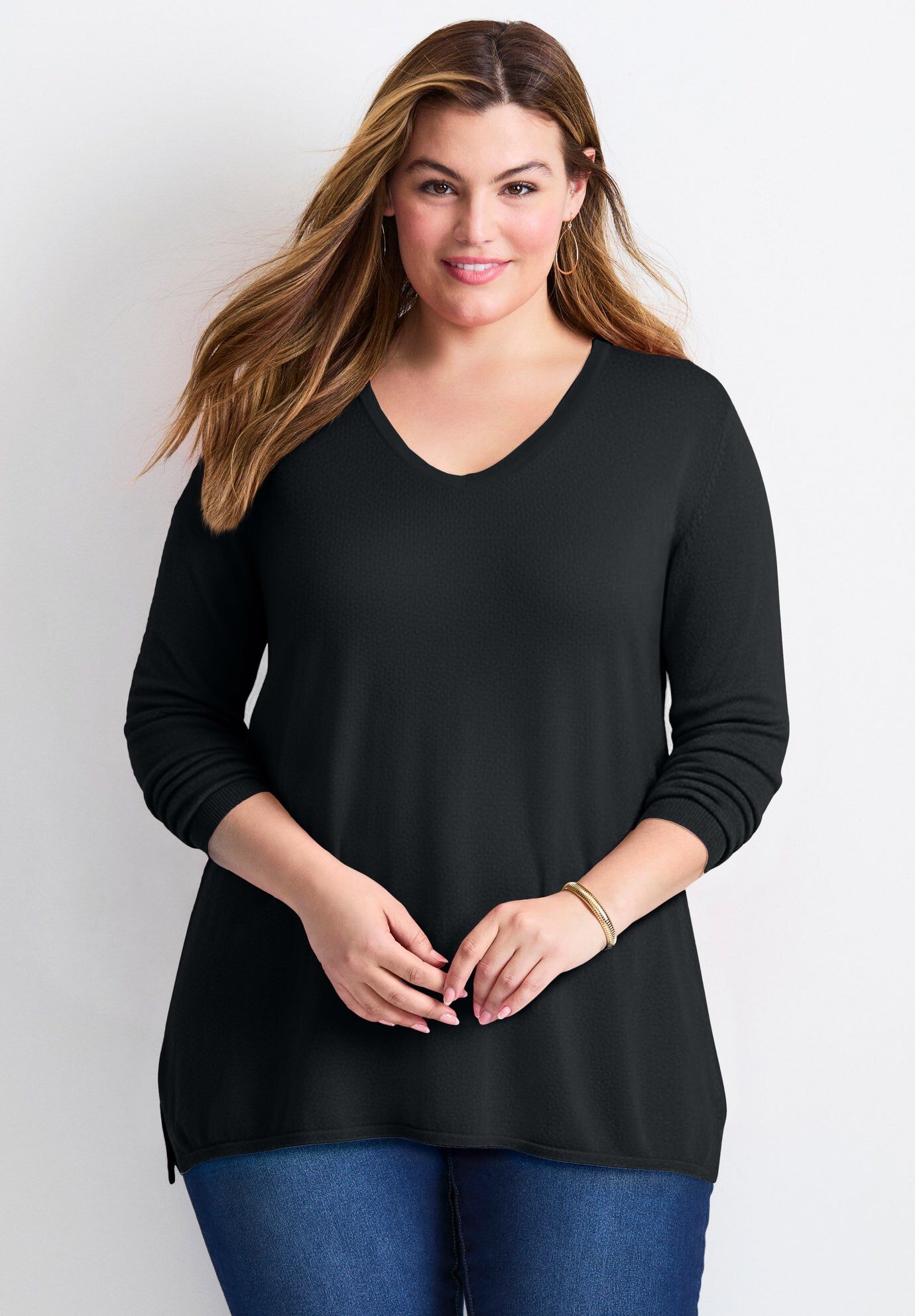 V-Neck Tunic Sweater, BLACK, hi-res image number 0