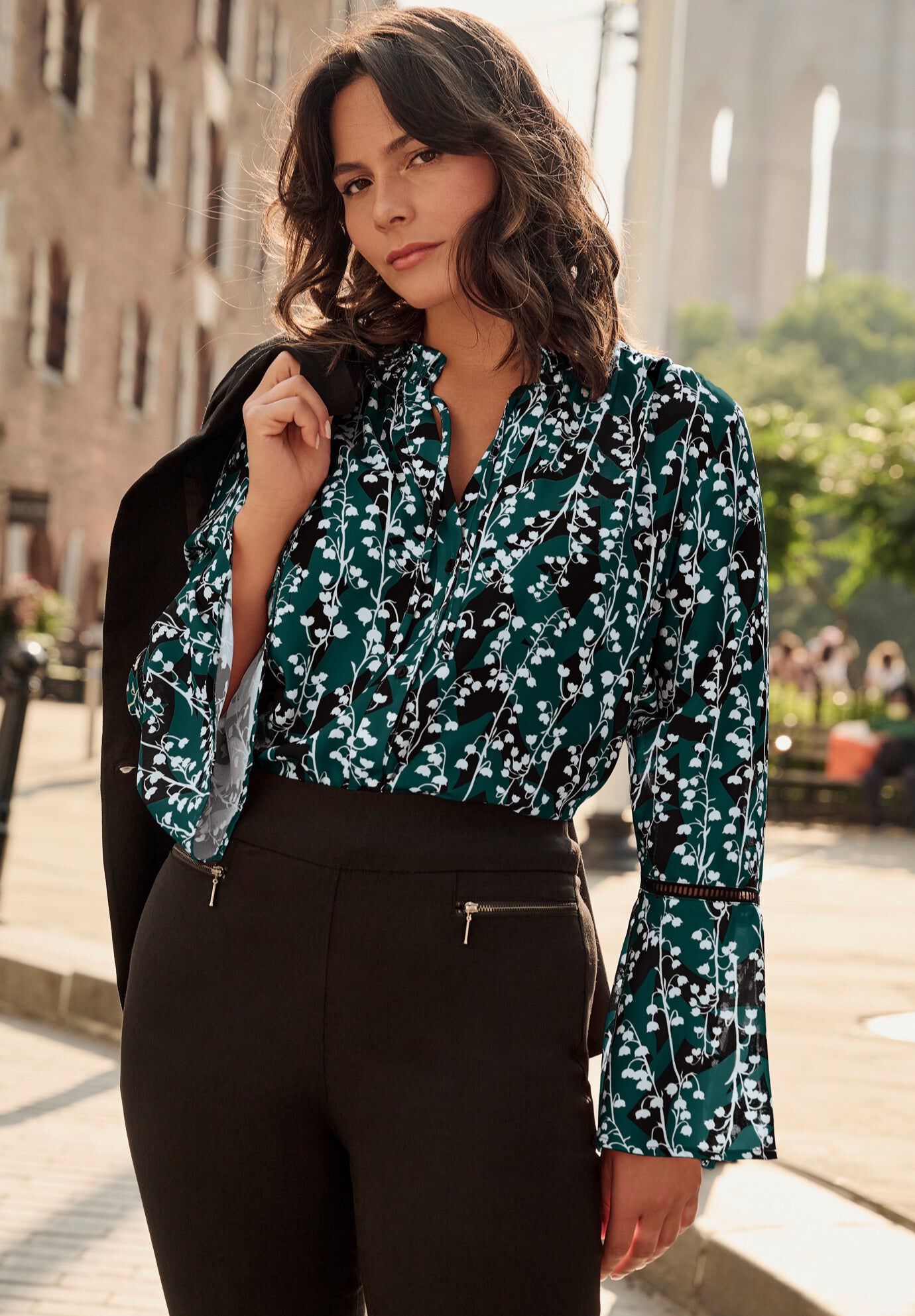 Button Front Poet Blouse, GREEN SHADOW LILY, hi-res image number 0
