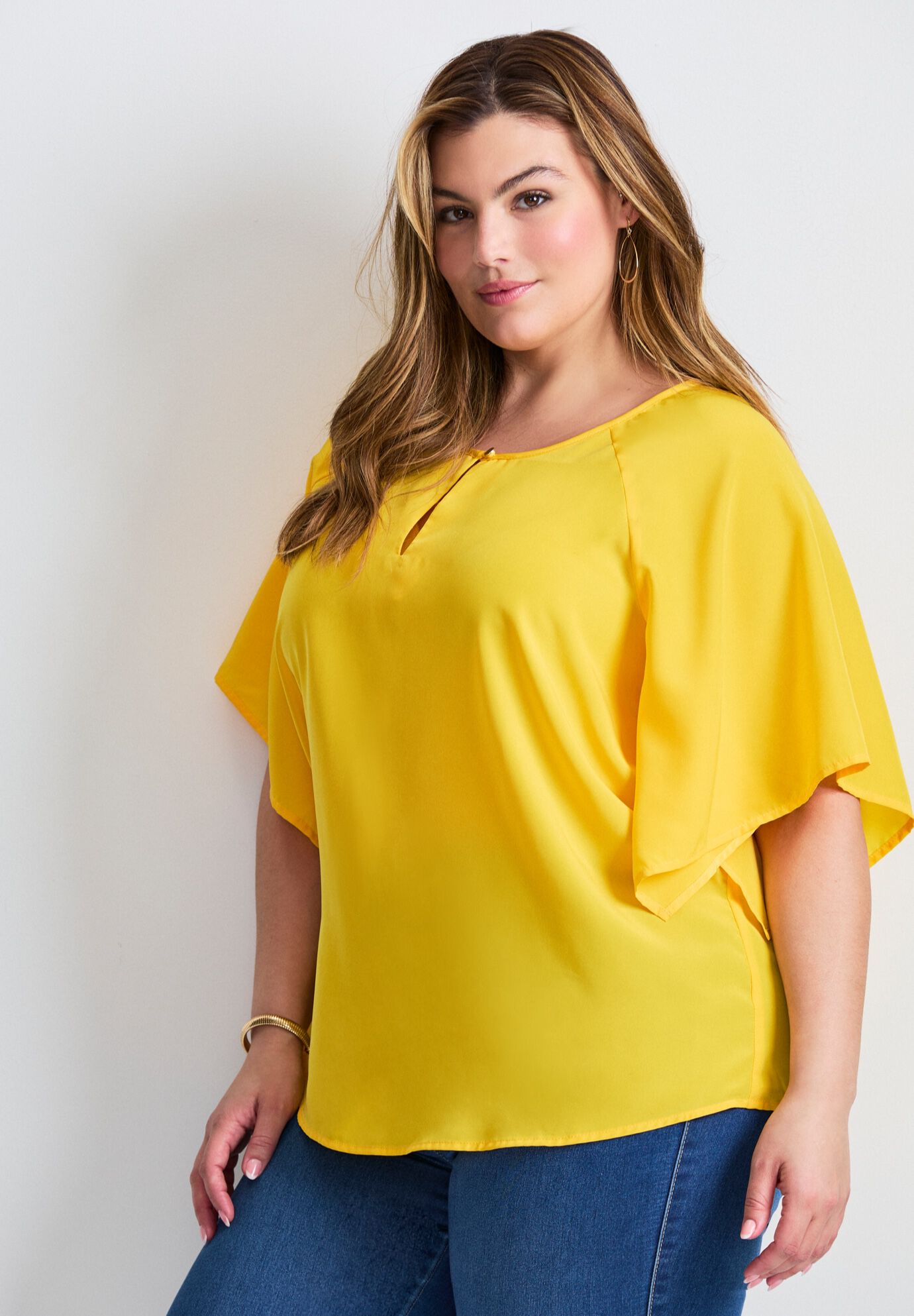 Flutter Sleeve Keyhole Blouse, SUNSET YELLOW, alternate image number 3