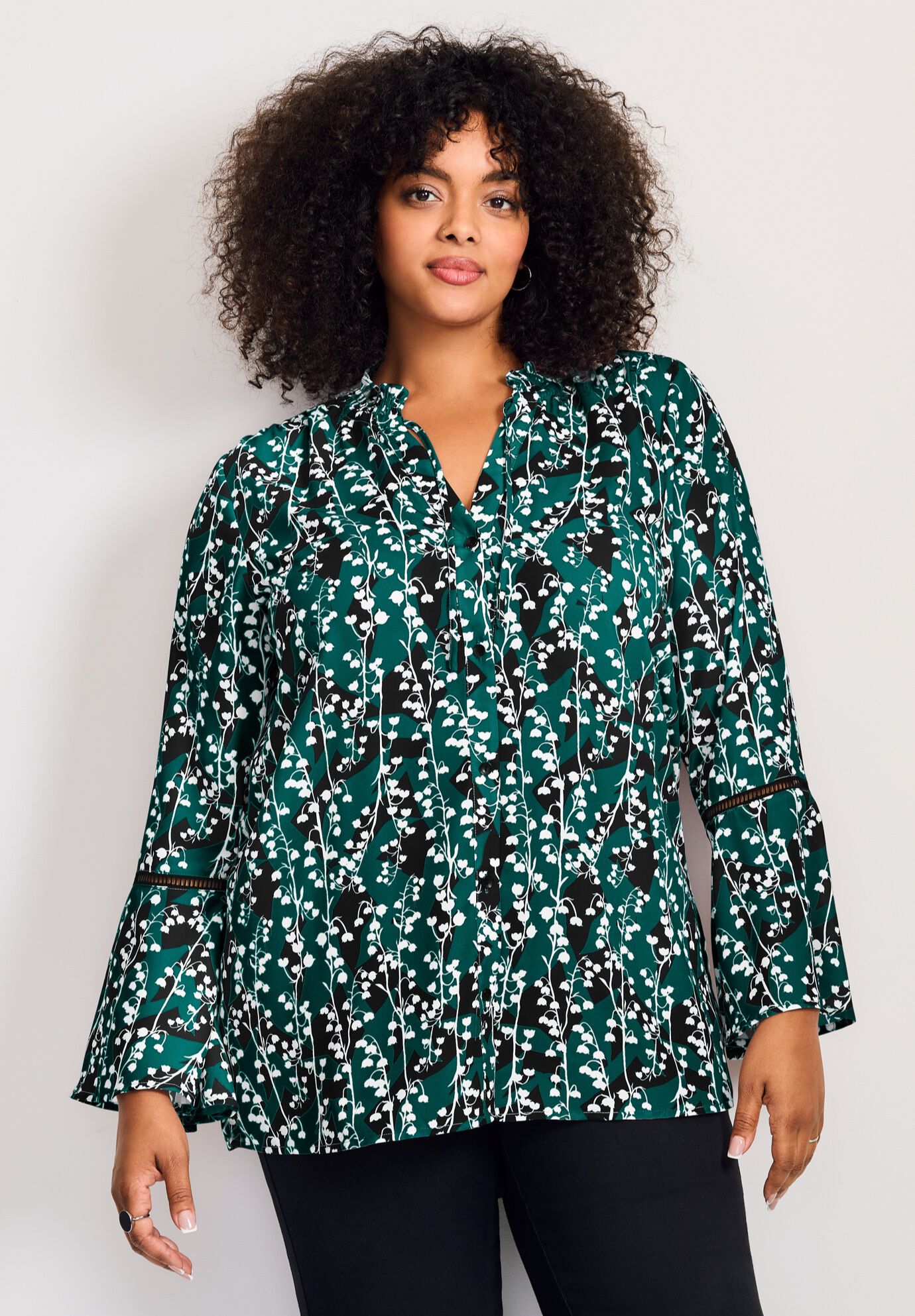Button Front Poet Blouse, GREEN SHADOW LILY, alternate image number 2