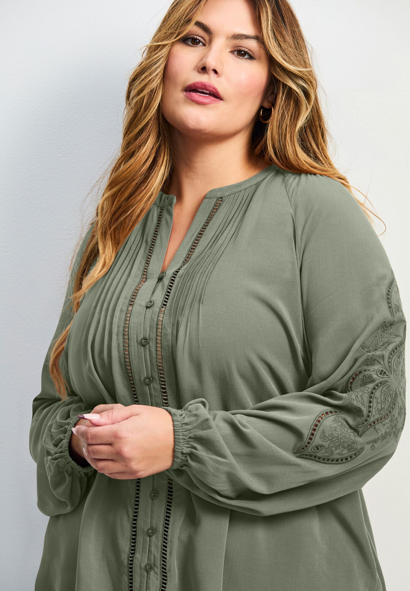 Gabby Embroidered Pintuck Shirt, OLIVE, alternate image number 4