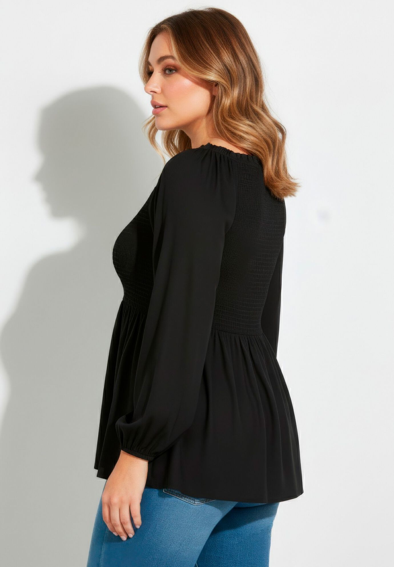 Smocking Blouson Sleeve Blouse, BLACK, alternate image number 3