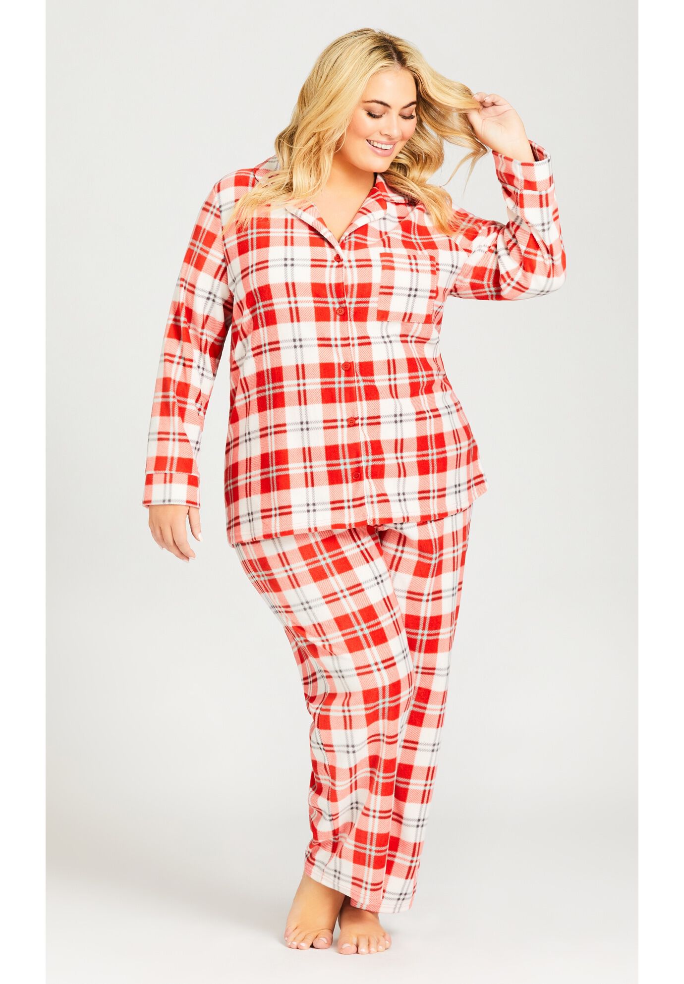 Button Check Fleece Sleep Top, RED CHECK, on-hover image number 1