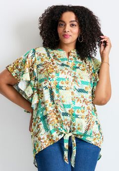 Tie Front Scarf Sleeve Blouse