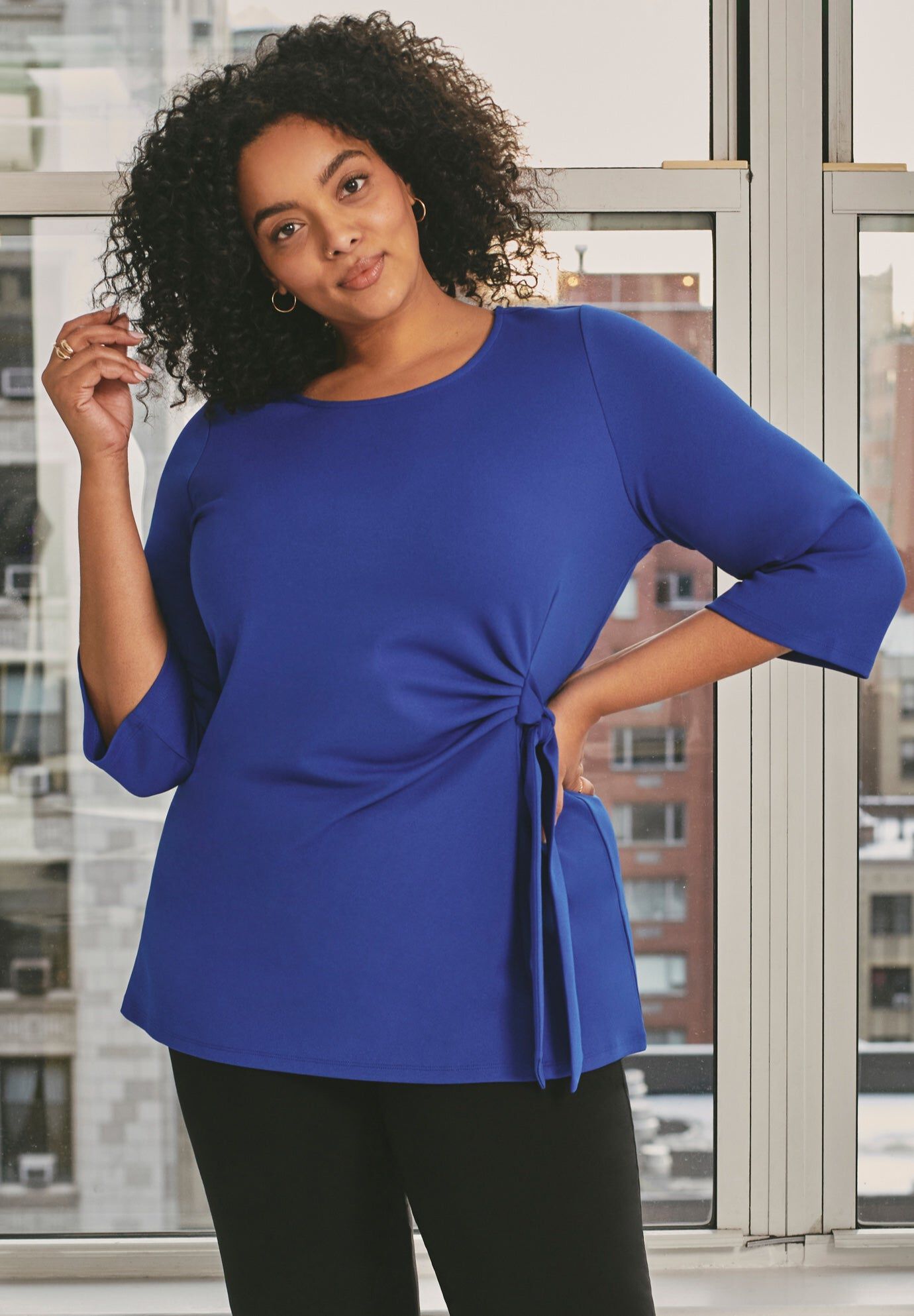 Knit Crepe Tie Detail Tunic, DARK SAPPHIRE, hi-res image number 0