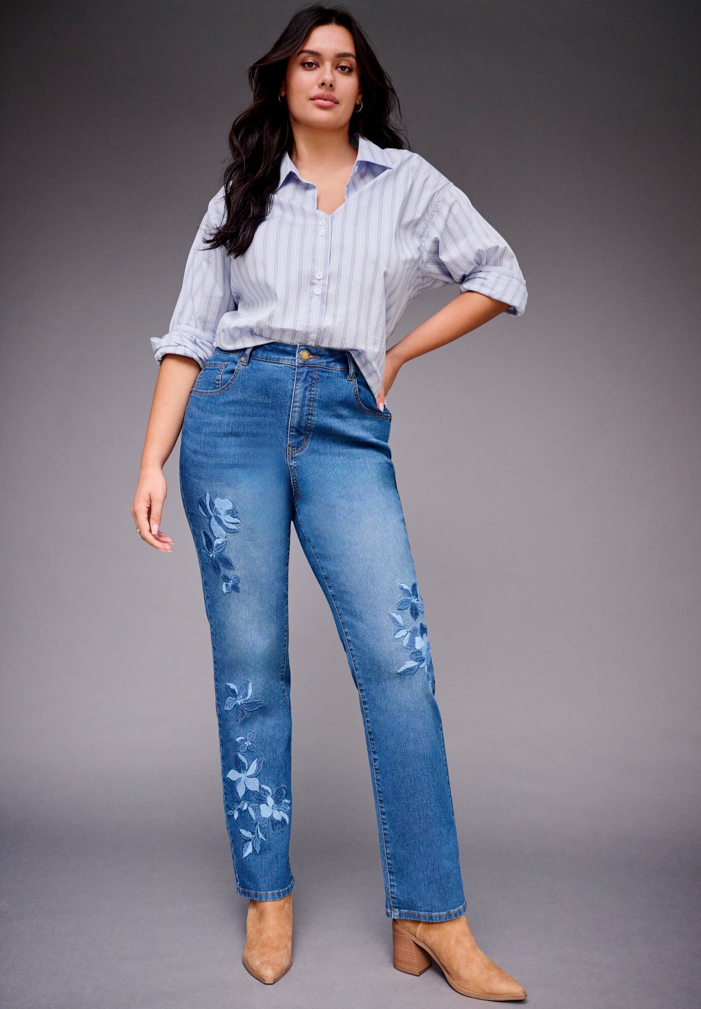 Embroidered Straight Leg Jean, MEDIUM WASH SHADOW FLORAL, hi-res image number 0