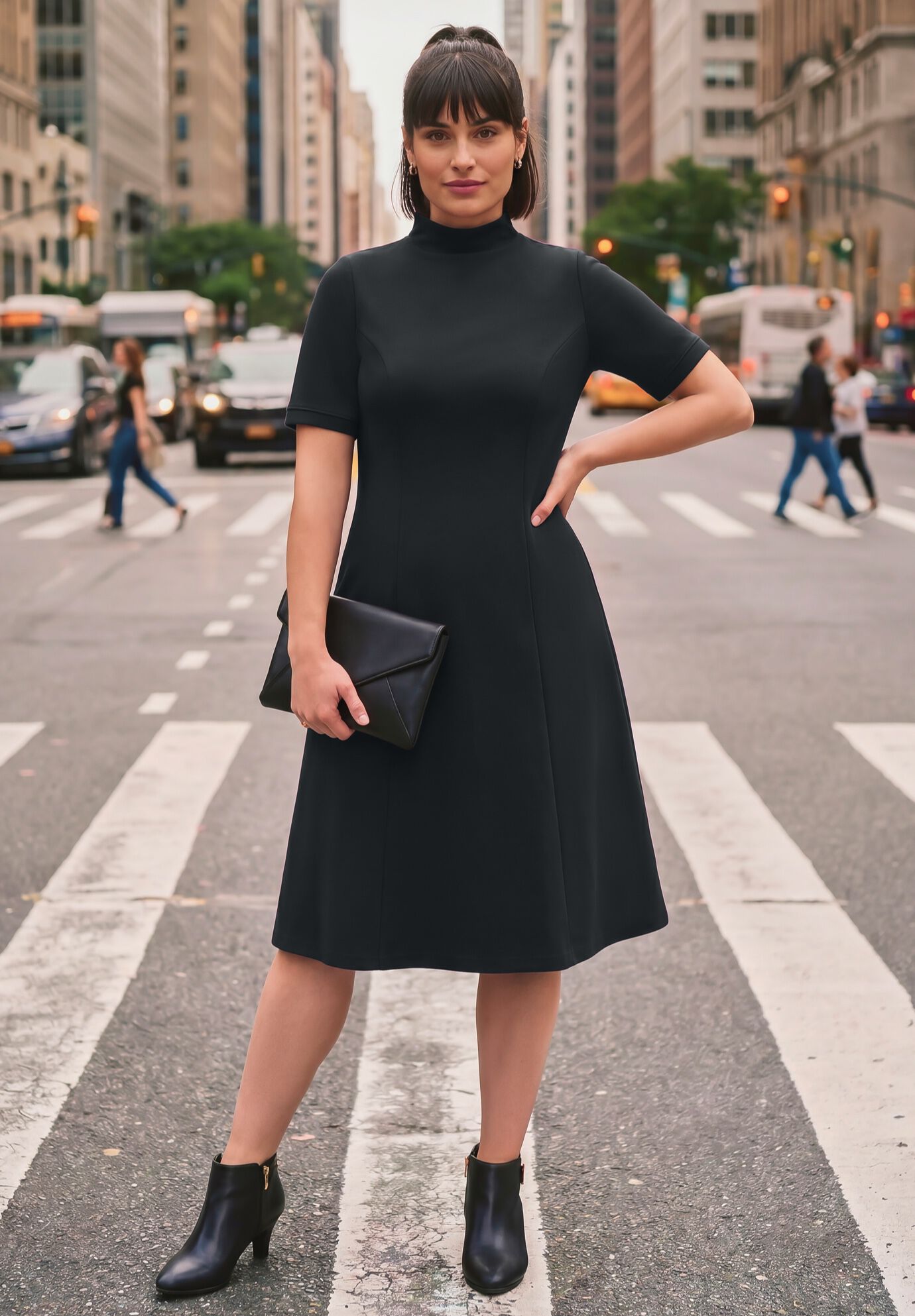 Ponte Fit & Flare Dress, BLACK, on-hover image number 1