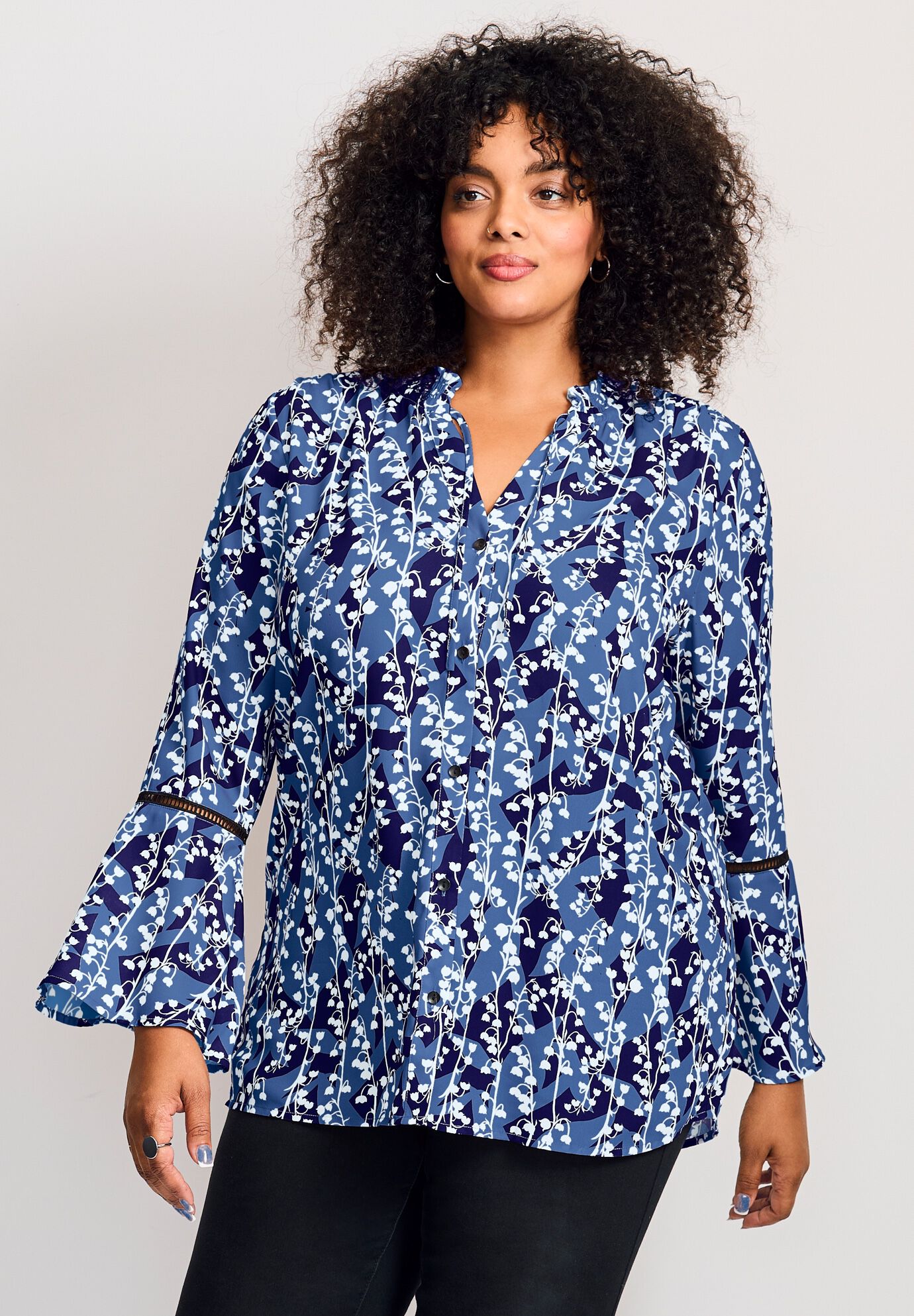 Button Front Poet Blouse, BLUE SHADOW LILY, on-hover image number 1
