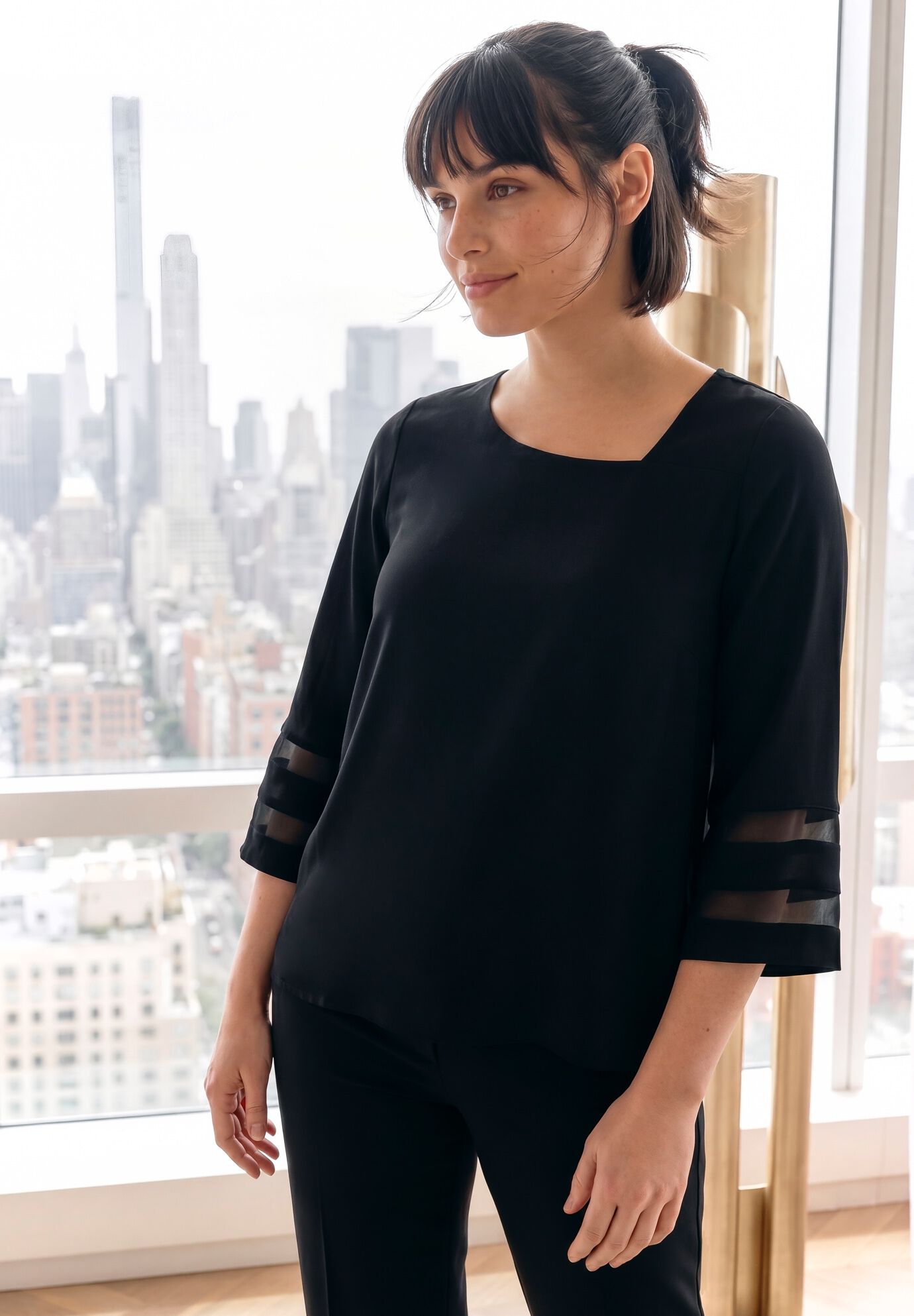 Sheer Bell Sleeve Tunic, BLACK, alternate image number 3