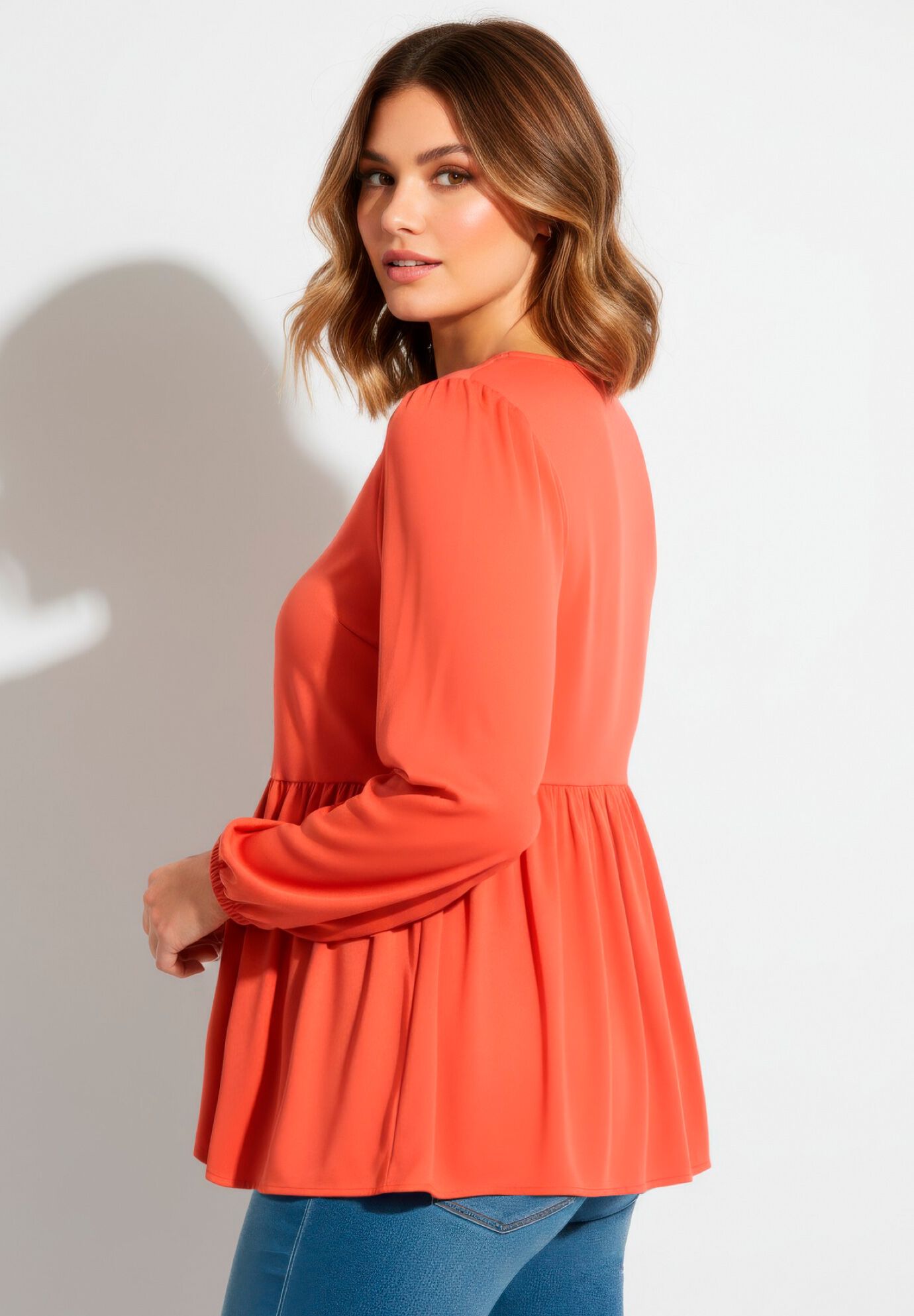 V Neck Blouson Elastic Waist Blouse, BURNT ORANGE, alternate image number 3