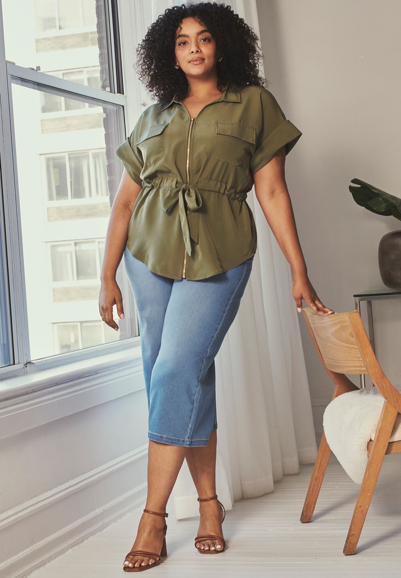 Utility Belted Blouse, OLIVE GREEN, on-hover image number 1