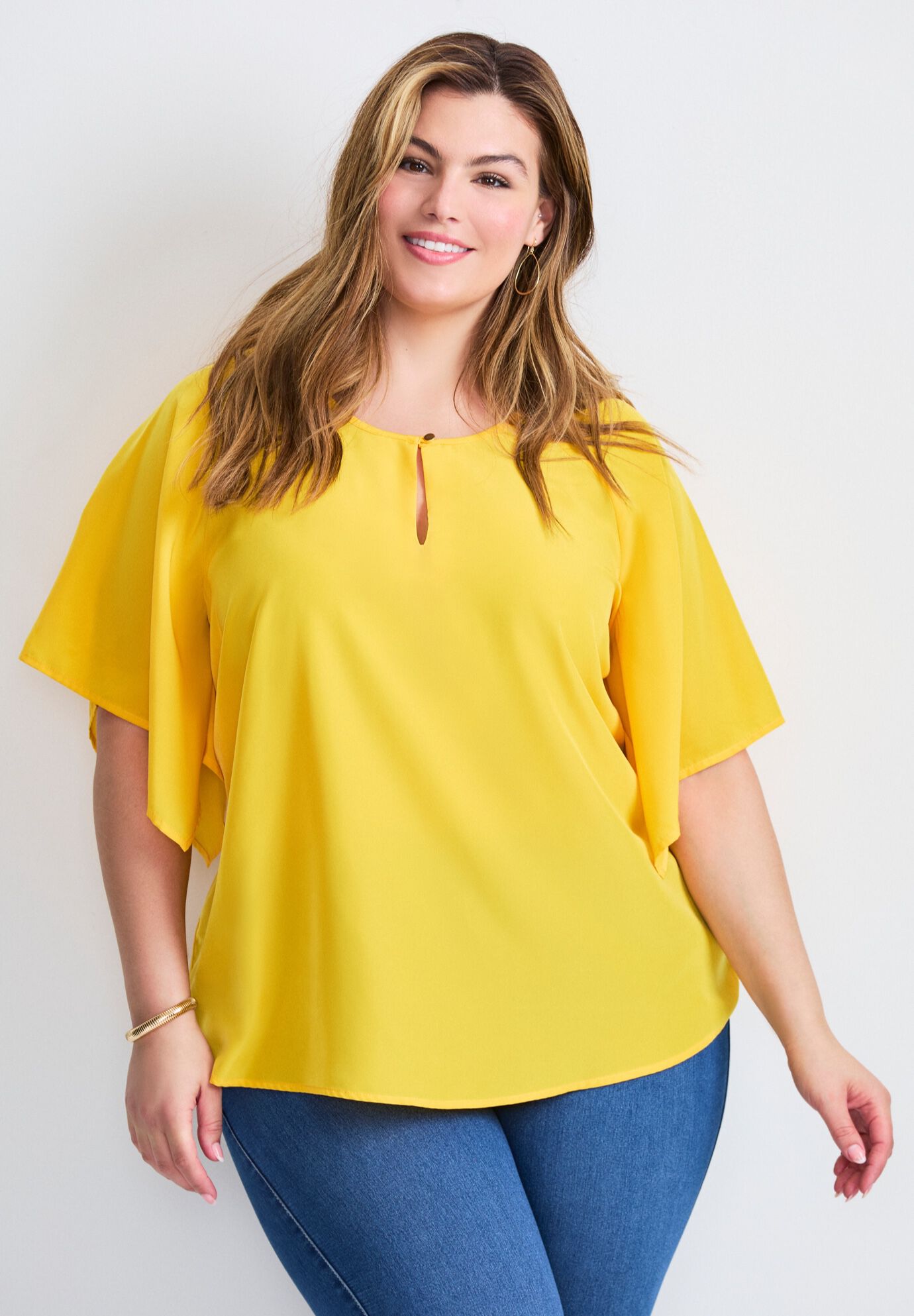 Flutter Sleeve Keyhole Blouse, SUNSET YELLOW, alternate image number 6