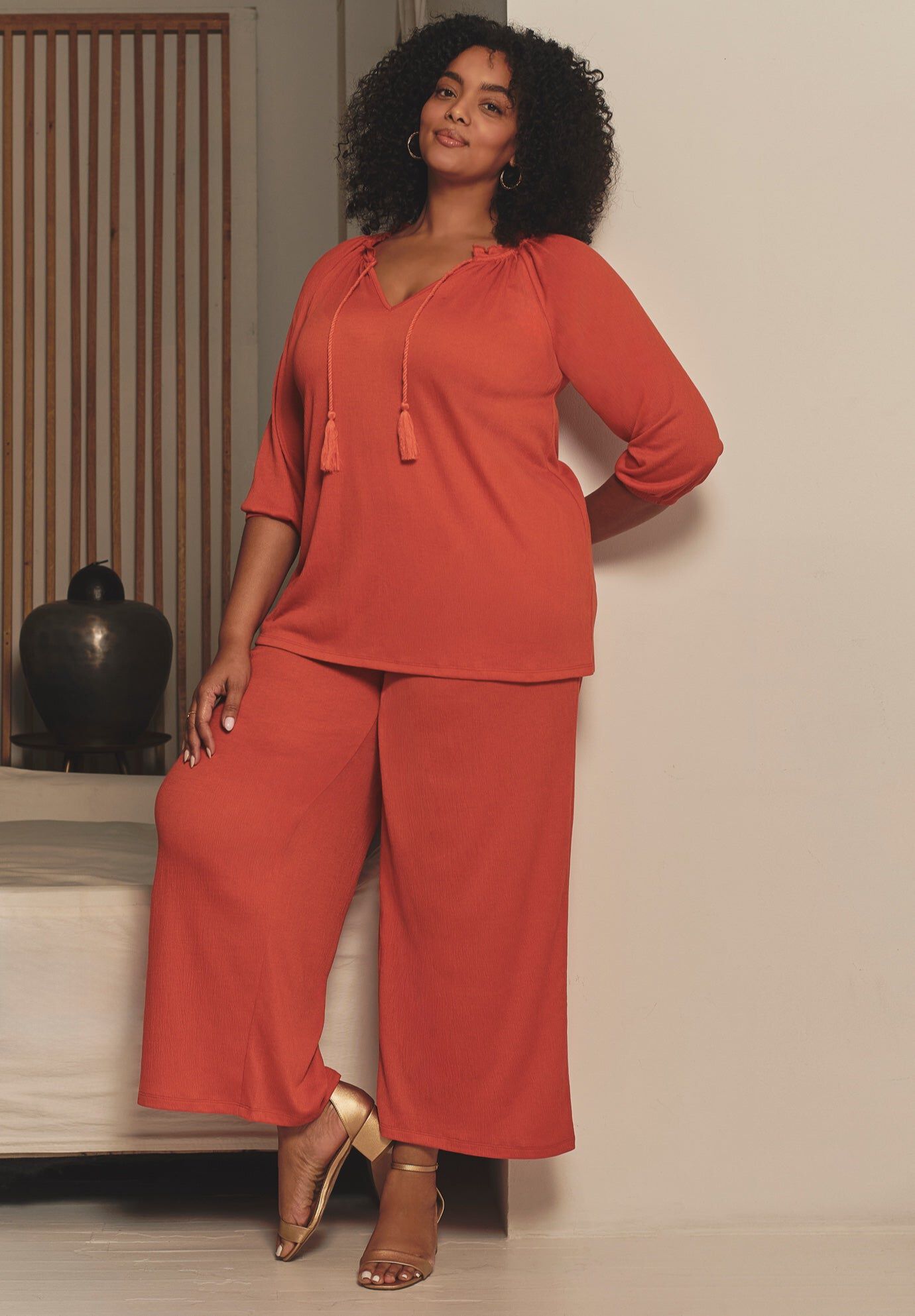 Knit Gauze Smocked Wide-Leg Pants, BURNT ORANGE, hi-res image number 0