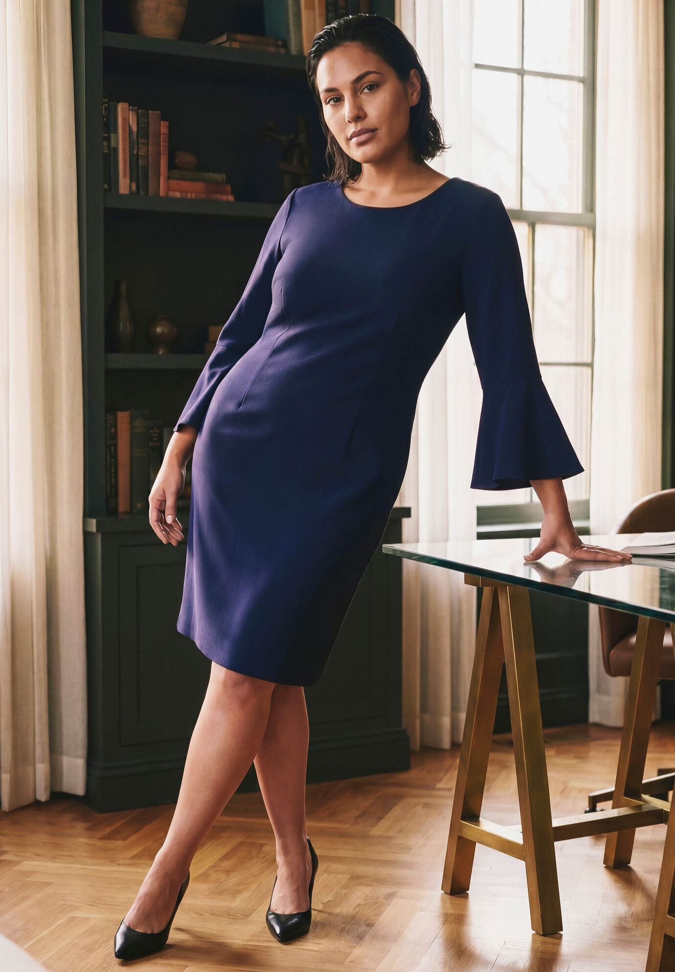 Cool Hand Bell Sleeve Dress, NAVY, alternate image number 2