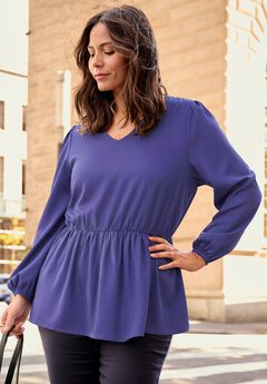 V Neck Blouson Elastic Waist Blouse
