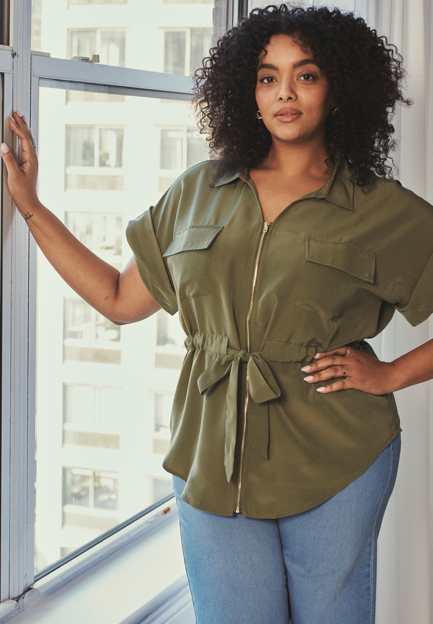 Utility Belted Blouse, OLIVE GREEN, hi-res image number 0