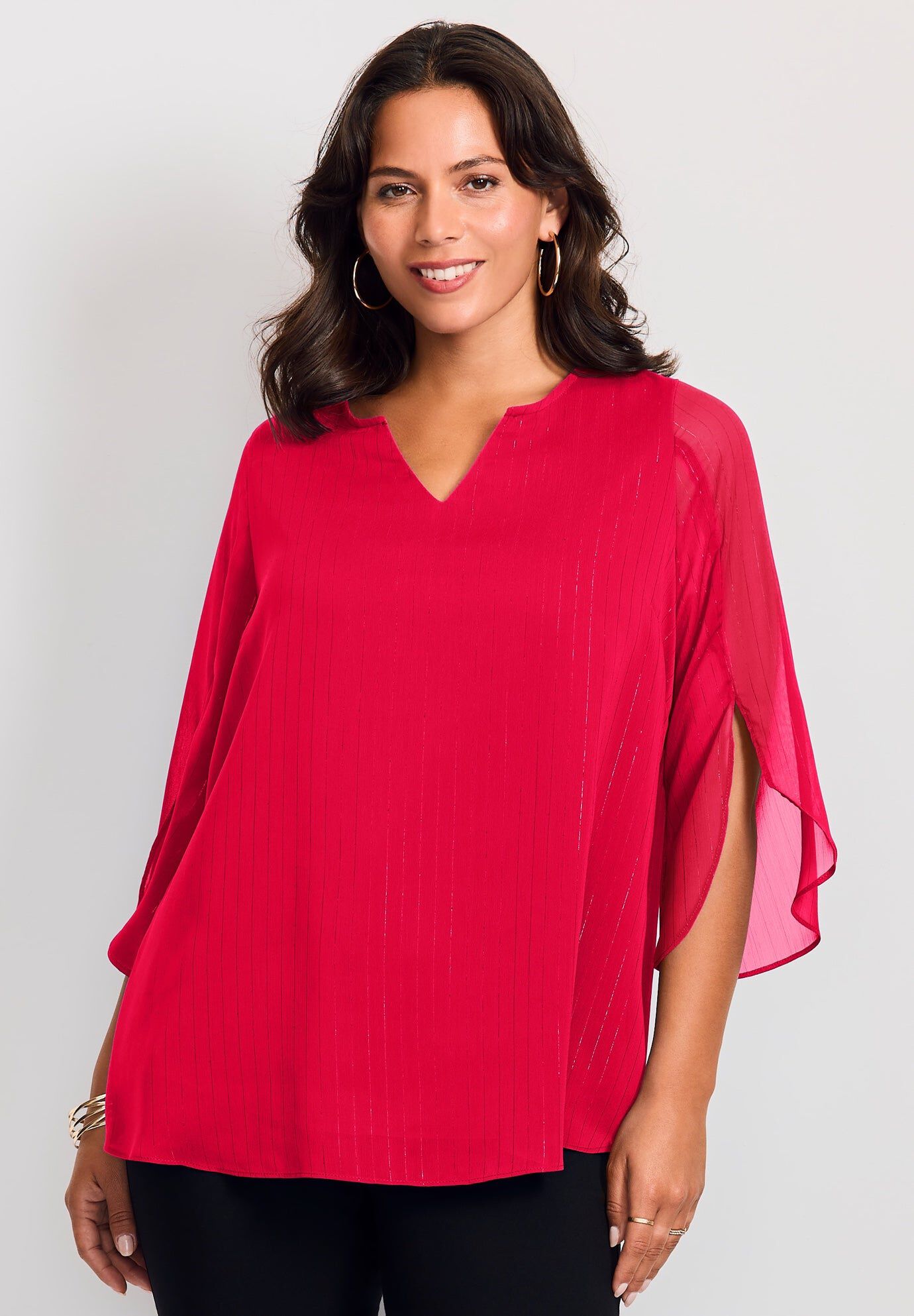 Lurex Stripe Tulip Sleeve Blouse, VIBRANT RED, hi-res image number 0