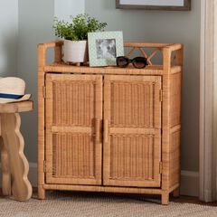 Hendrina Natural Rattan and Mahogany Wood 3-Tier Shoe Cabinet