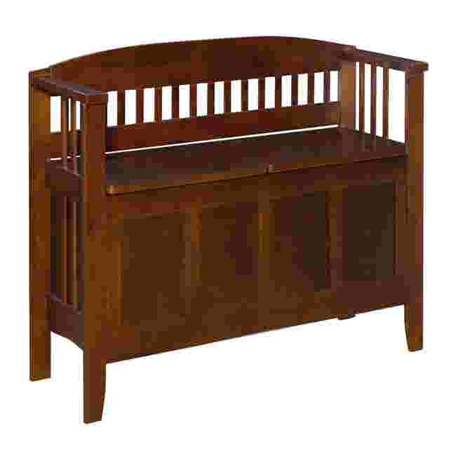 Wooden storage bench with slatted back and front panel
