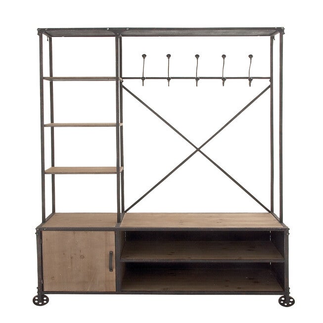 Industrial Rectangular Brown Wood and Metal Multi-Tiered Clothing Rack, 72 inchesH x 44 inchesL x 17 inchesW, BROWN, hi-res image number null