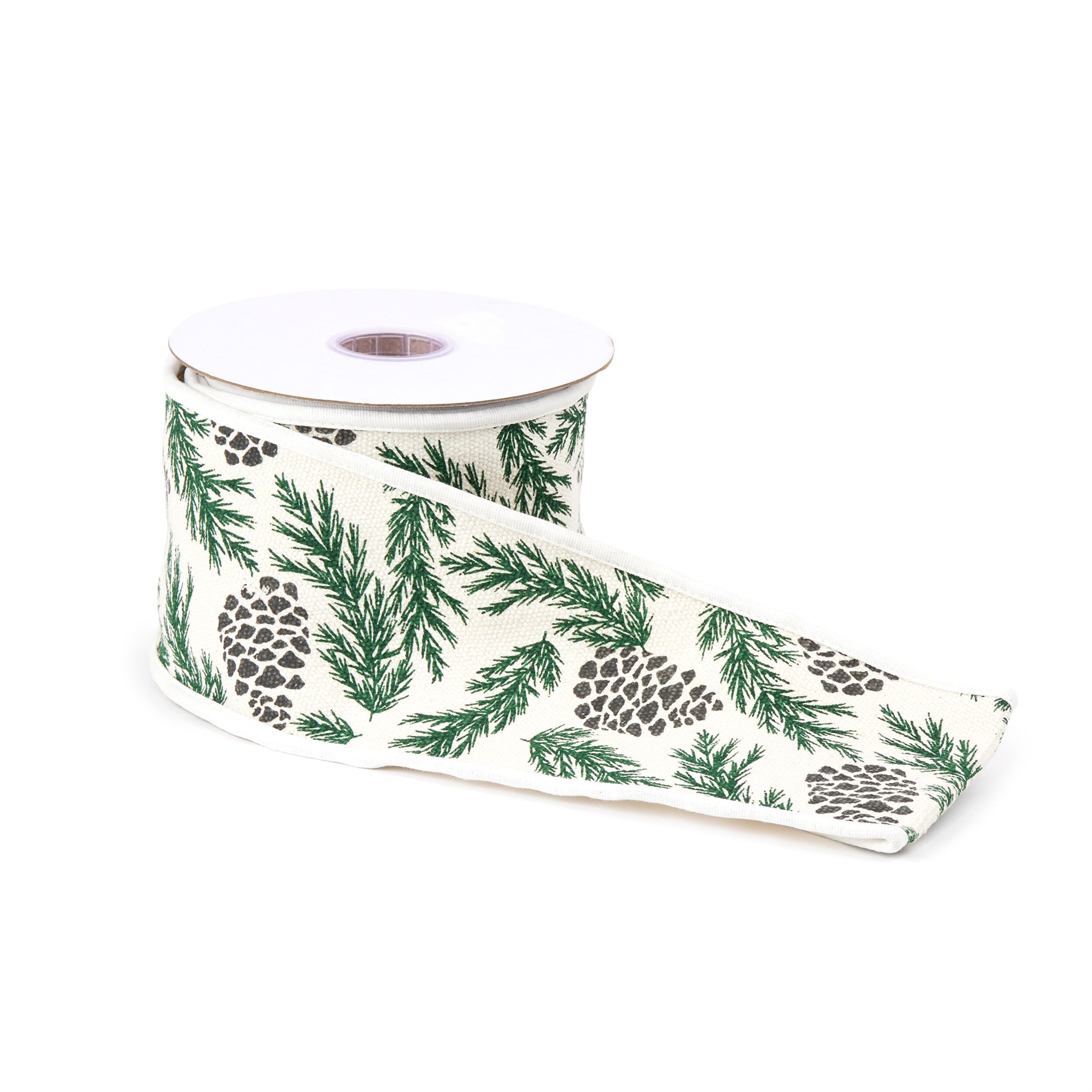 Pine and Pinecone Cotton Wired Ribbon 4 inches x 5yds, WHITE GREEN, alternate image number 2