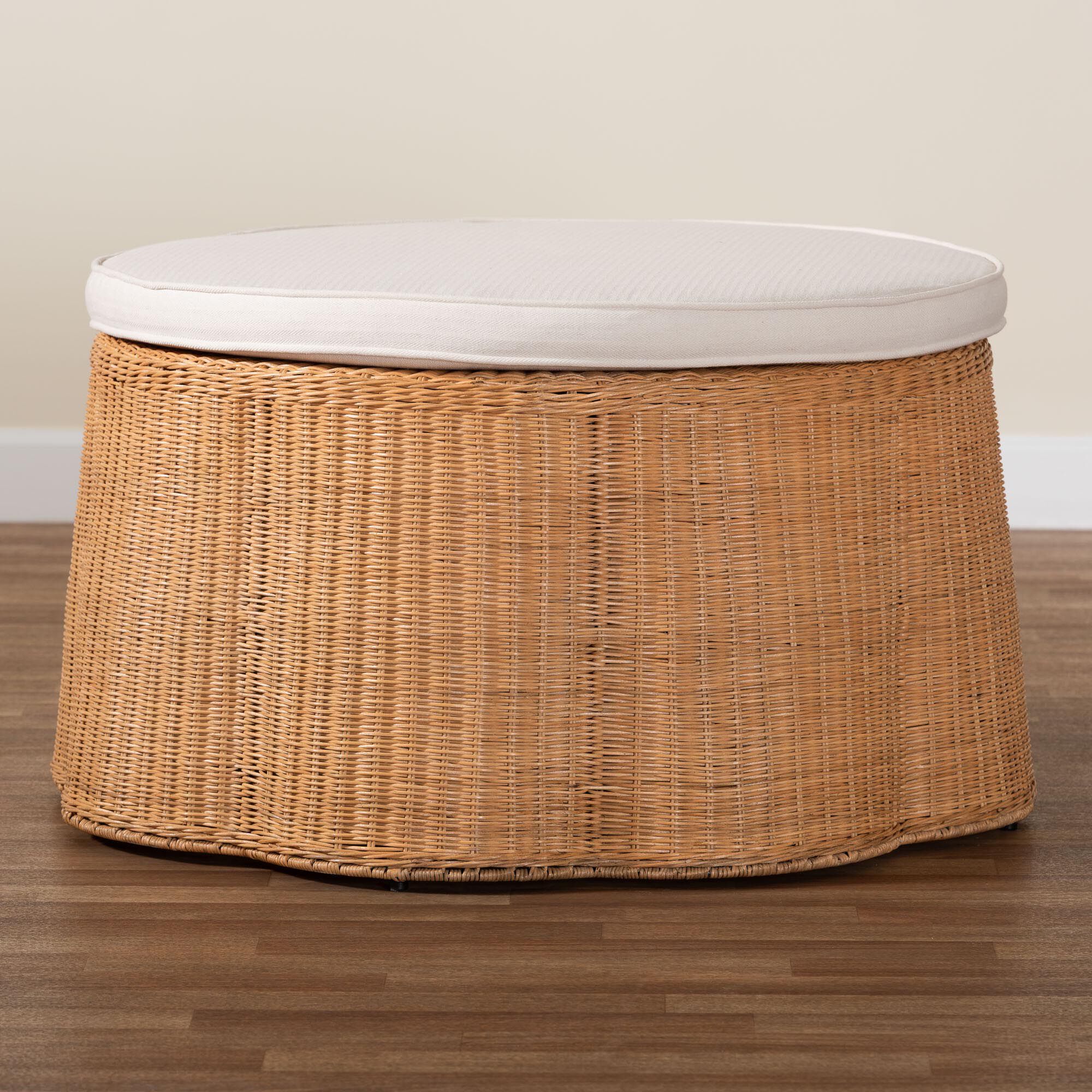 Palm Scallop Natural Rattan Ottoman, 32 inches Round, LIGHT HONEY, alternate image number 6