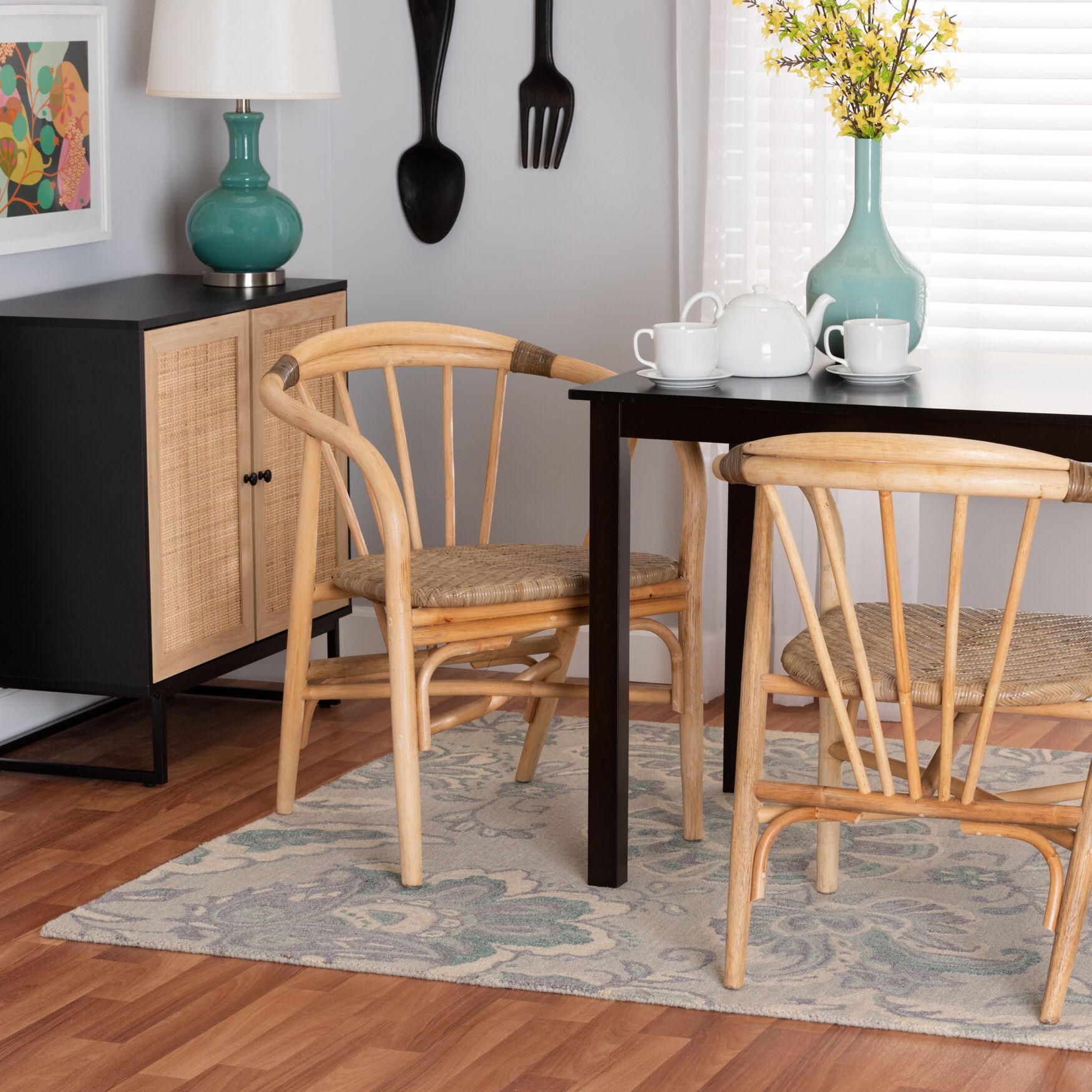 Kyoto Modern Bohemian Natural Brown Rattan 2-Piece Dining Chair Set, , alternate image number 7