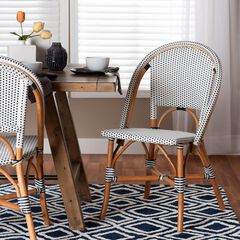 Genica Classic French Two-Tone Navy and White Weaving and Natural Rattan Bistro Chair
