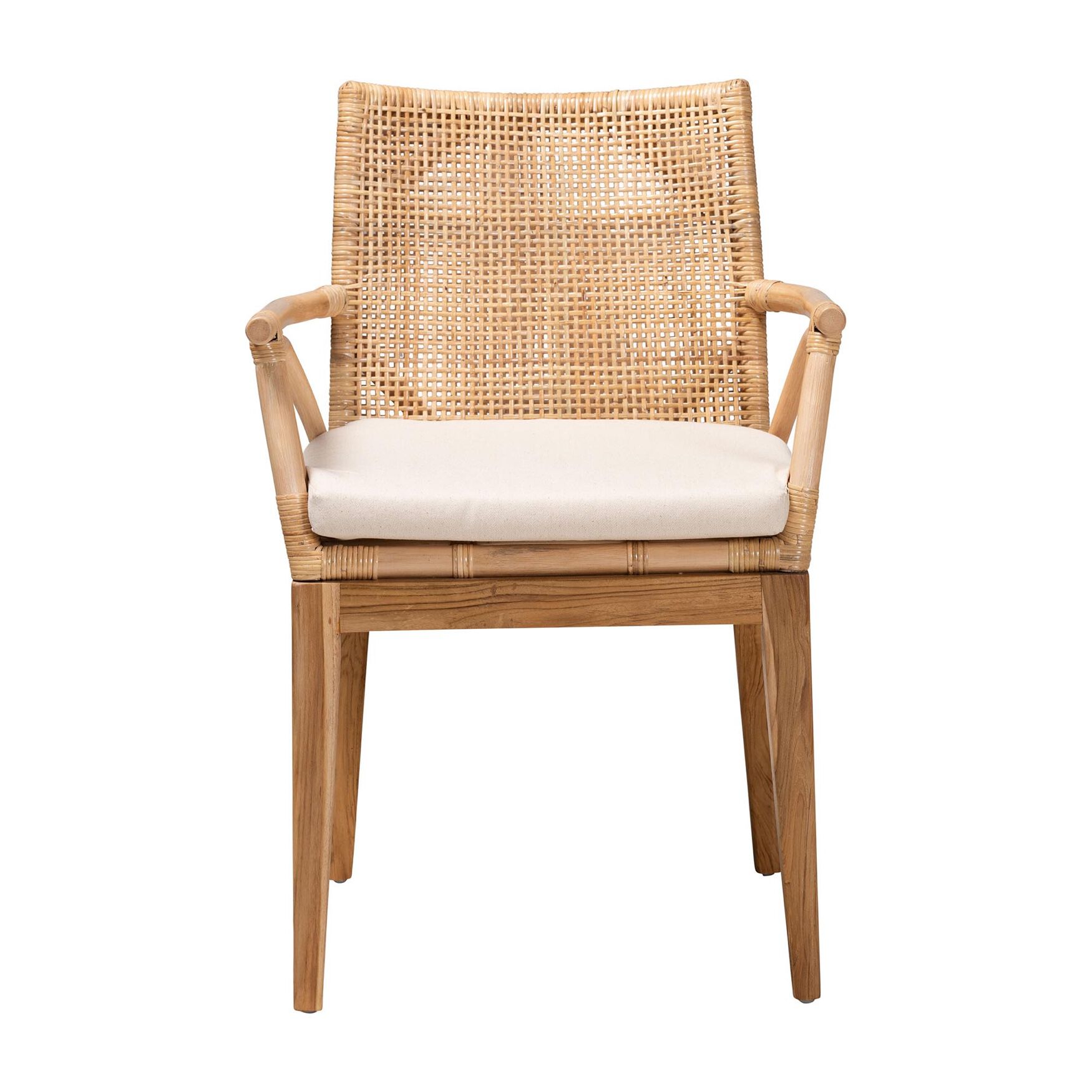 Storsel Modern Bohemian Natural Brown Finished Teak Wood and Rattan Dining Chair, , on-hover image number 1