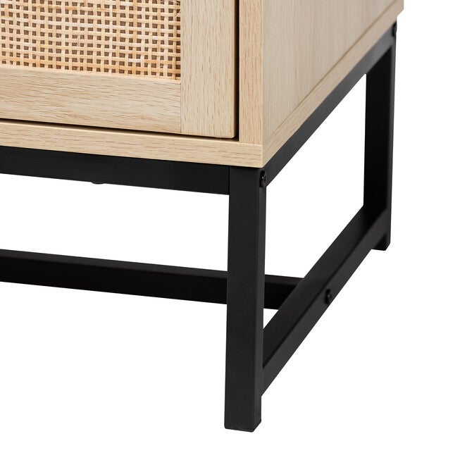 Caterina Mid-Century Modern Transitional Natural Brown Finished Wood And Natural Rattan 2-Door Storage Cabinet, , alternate image number null